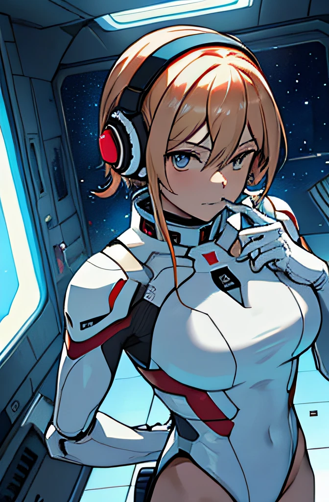 （down view），dynamic angle，ultra - detailed，illustratio，closeup cleavage，Straight Forward，1girll， （（Souryuu Asuka Lanley，Interface headset，red leotard：1.4，blond hairbl）），Her eyes shone like dreamy stars，（glowing light eyes：1.233），（beautiful and detailed eye：1.1），（face expressionless，Keep your mouth shut），（standing on your feet）， （Mechanical room with tools and spaceship windows in a white spaceship）， （the night：1.2），dream magical， [[Slender fingers and hands：0.55]：：0.85]，（detail finger），nsfw