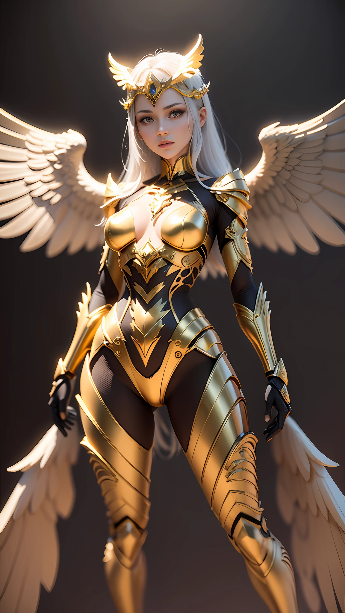 Mechanical style,golden theme,(1 mechanical female angel,Anatomically correct,full bodyesbian, ,Golden wings,standing,circular base),Black and white background, (a 3D render,Best quality, high detal, Masterpiece, offcial art, Cinematic lighting, 4K, Chiaroscuro)，tmasterpiece，looking to the camera，face to the viewer，full bodyesbian，Stand up。