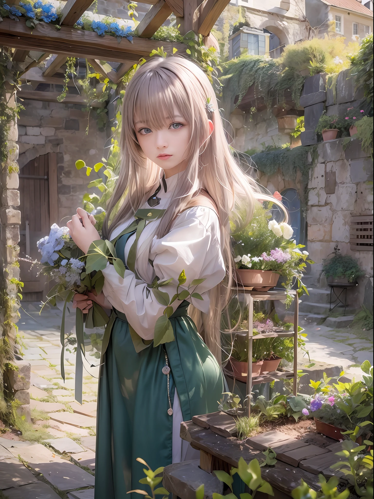 1girl in, ​masterpiece, Volumetric lighting, (Highly detailed live-action:1.3), 
((medieval times、medicinal herbs))、(green colored eyes)、Drawn camera viewpoint, ,beautiful  Girl,deadpan,view front,(Lots of bangs:1.5), (Short pants:1.1), (short-hair:1.2) , (a closed mouth:1.2, blue eyess, lofty nose, Beautiful sharp face) ,(Wonderfully beautiful eyes:1.4) ,No makeup, dark ambiance ,broody,Near and far law, depth of fields, A hyper-realistic, hight resolution, a picture, foco nítido, nffsw, face lights, 动态照明, Highest detail, Extreme details、ultra-detailliert、detaile、authentic skin、(Small herb garden background)、(Medieval village environment)、(Mature Face:1.2)、