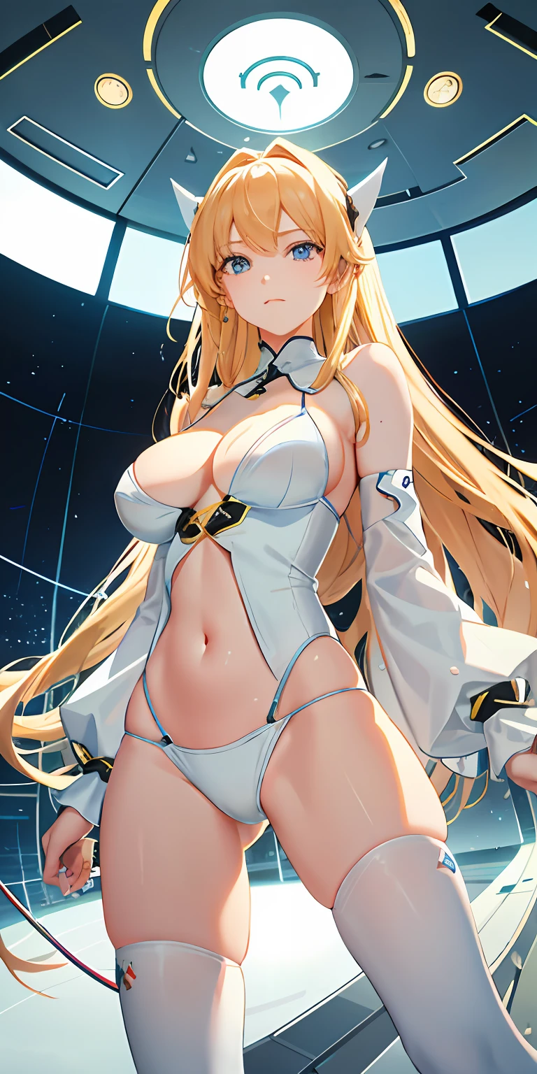 （down view），dynamic angle，ultra - detailed，illustratio，closeup cleavage，Straight Forward，1girll，
 （（souryuu asuka langley，Interface headset，a white bikini：1.4，blond hairbl）），Her eyes shone like dreamy stars，（glowing light eyes：1.233），（beautiful and detailed eye：1.1），（face expressionless，Keep your mouth shut），（standing on your feet），
（Mechanical room with tools and spaceship windows in a white spaceship），
（the night：1.2），dream magical， [[Slender fingers and hands：0.55]：：0.85]，（detail finger），