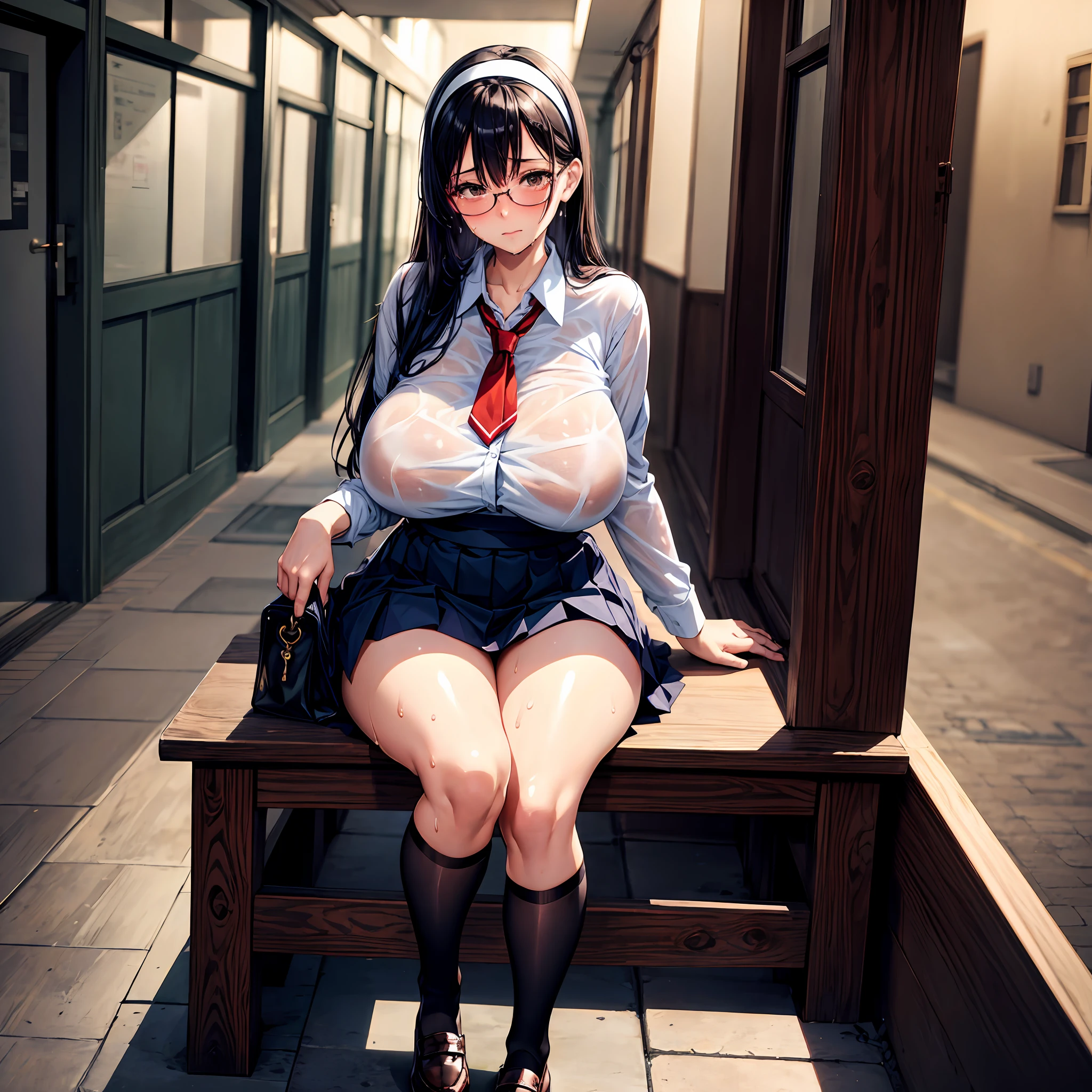 masterpiece, best quality, ultra high res, ultra-detailed, long black hair, bangs, brown eyes, huge breasts, wide hips, skirt, school hallway, sitting, young adult, 1 girl, alone, takeda hiromitsu style, glasses, school uniform, tight white shirt, black stockings, timid, blush, beautiful, tears, red tie, navy blue skirt, wet clothes, hairband