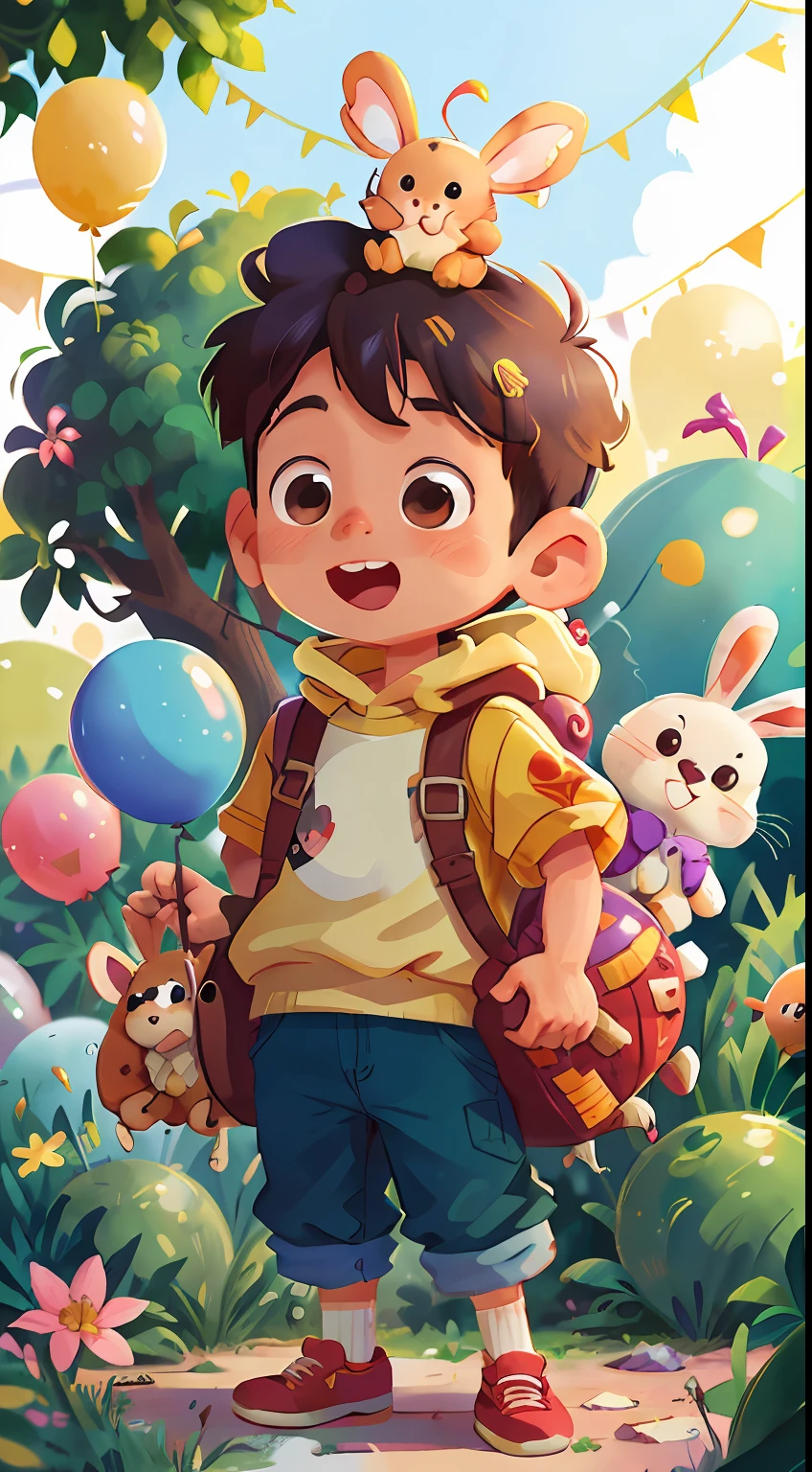A boy, zoo, many balloons, happy, happy, perfect quality, rabbit, clear focus (clutter-home: 0.8), (masterpiece: 1.2) (realistic: 1.2) (bokeh) (best quality) (detailed skin: 1.3) (intricate details) (8K) (detail eyes) (sharp focus), (happy)