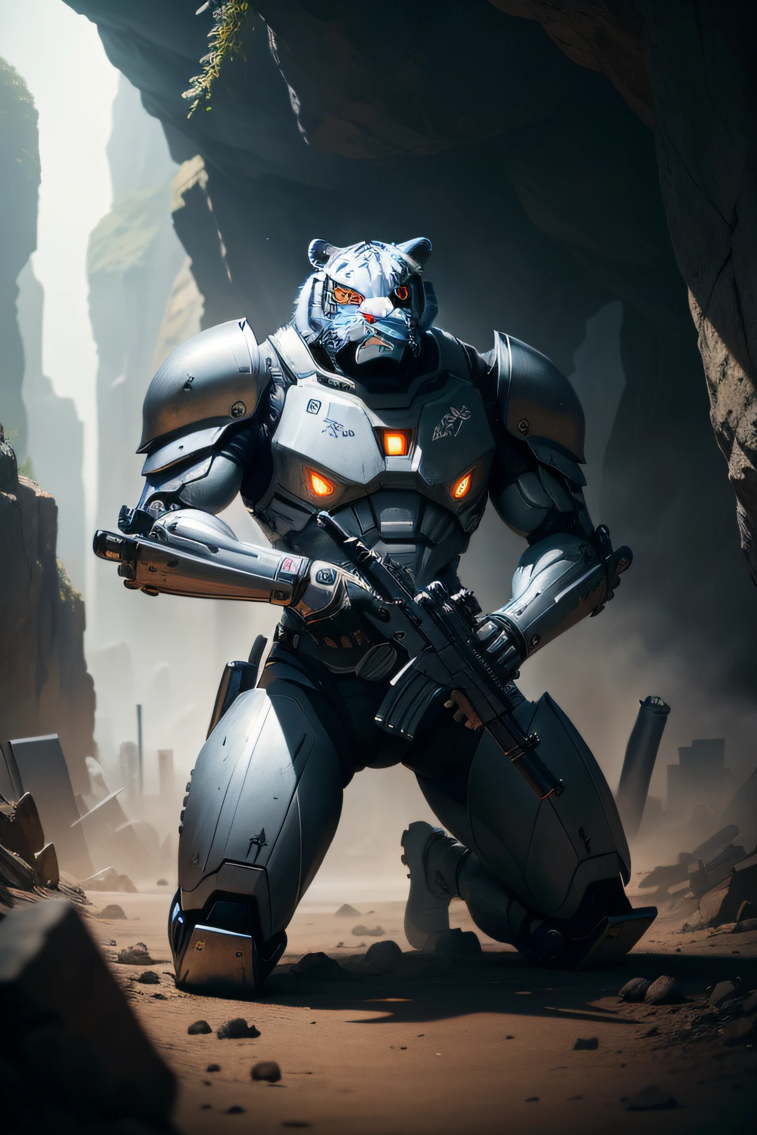 kneeling robotic tiger holding a big gun going to kill someone in war, bloody screams, silver armor, some kind of illuminating lights in the background, cave scene, 4k technology, cinematic view, anime character