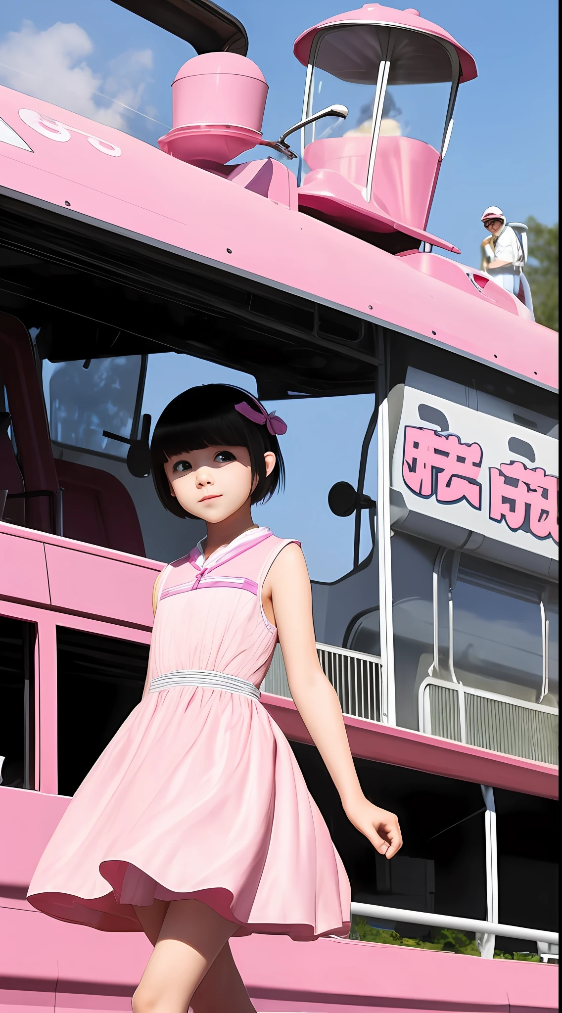 The short-haired little  wore a pale pink dress，Drive a locomotive at the racetrack --auto