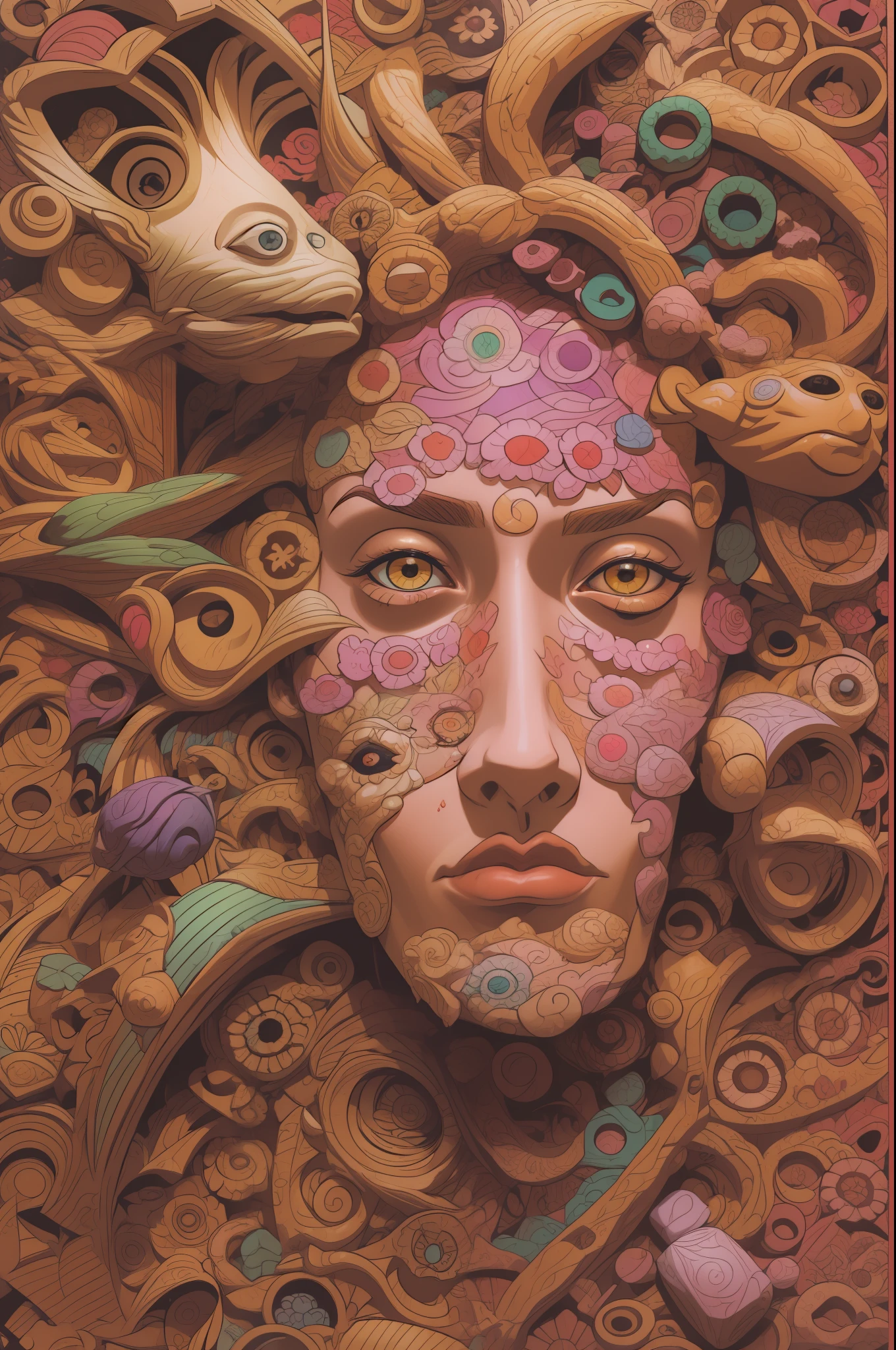 (surreal estilo carta de taro), carved into the face of the art with unique details, bruxa da era das trevas, cabelos brancos, olhos amarelos, olhar tenebroso, rosto extremamente atraente , super detalhado, rico em detalhes, cores vividas,(elementos 5D), arte composta, Dramatic Colors, (estilo carta de taro), ( head out of frame )