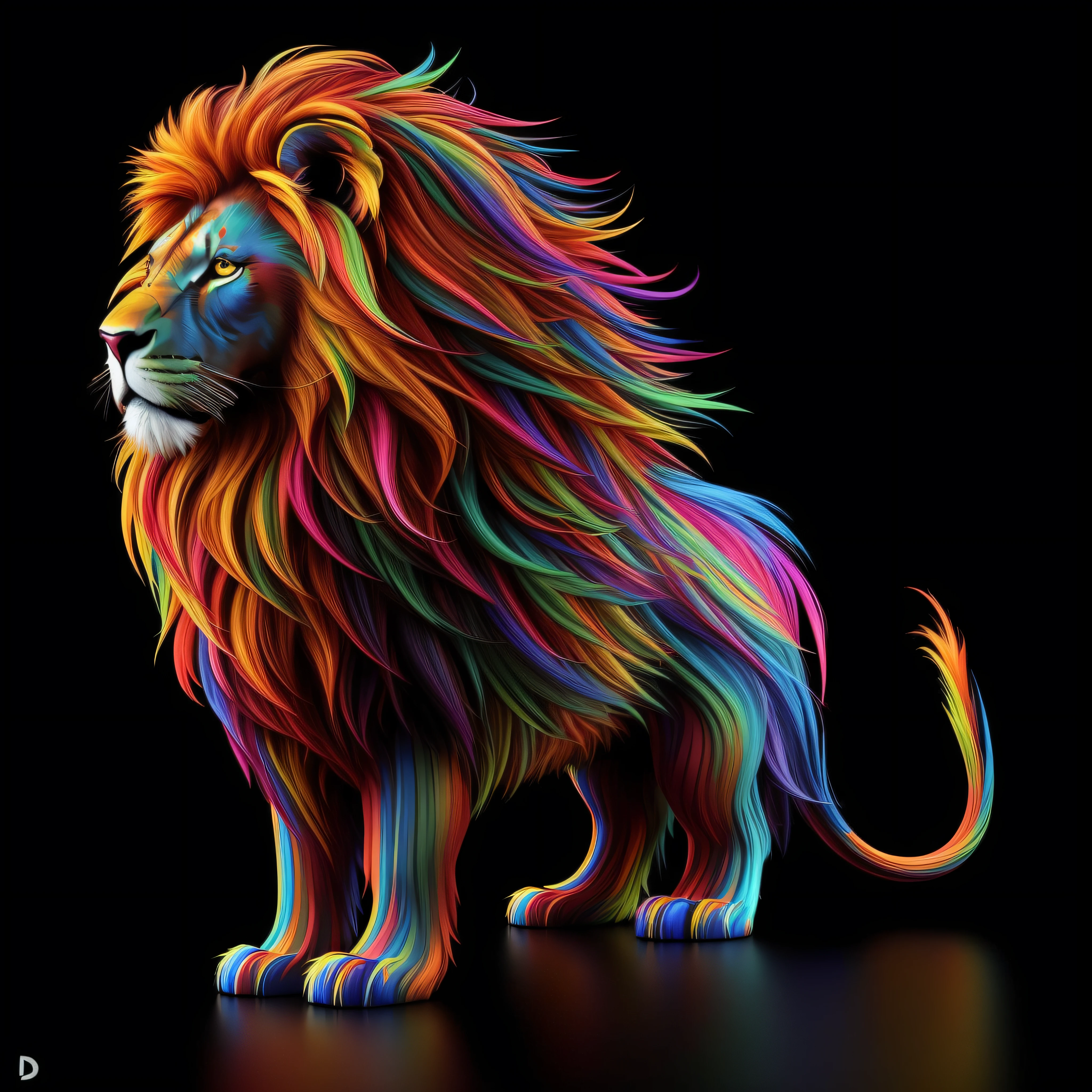 Brightly colored lion statue on black background with reflection, amazing digital art, Arte digital foto animal, Amazing digital art, 2 d full body lion, Goteo HD colorido, Cinema 4D render colorido, with the mane of a lion, Arte digital 3D detallado, Por Derek Zabrocki, Lion Robot, Hermoso arte digital, Hecho completamente de degradados