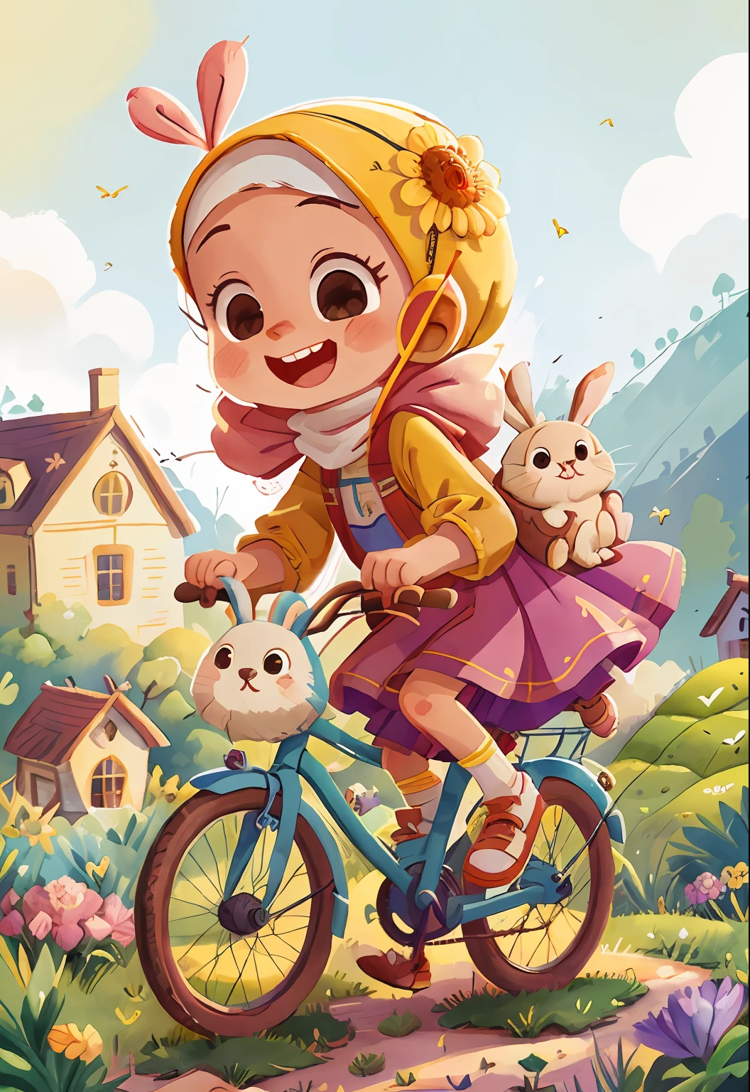 Watercolor. Hijab girl with her rabbit, smiling, very cheerful, riding bicycle with her rabbit , full body, the background is a beautiful hill with flowers, sunny, perfect quality, (mess-house: 0.8), (masterpiece: 1.2) (Realistic: 1.2) (Bokeh) (Best quality) (Detailed Skin: 1.3) (Intricate Details) (8K) (Detail Eyes) (Sharp Focus), (Happy)