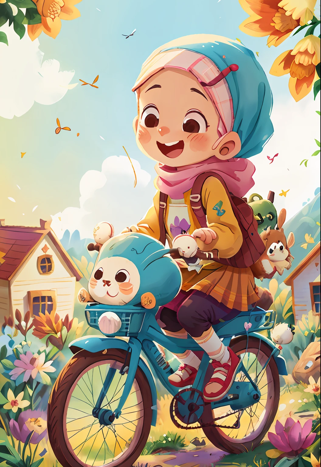 Watercolor. Hijab girl with her rabbit, smiling, very cheerful, riding bicycle with her rabbit , full body, the background is a beautiful hill with flowers, sunny, perfect quality, (mess-house: 0.8), (masterpiece: 1.2) (Realistic: 1.2) (Bokeh) (Best quality) (Detailed Skin: 1.3) (Intricate Details) (8K) (Detail Eyes) (Sharp Focus), (Happy)