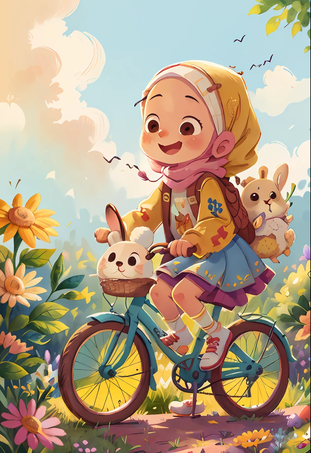 Watercolor. Hijab girl with her rabbit, smiling, very cheerful, riding bicycle with her rabbit , full body, the background is a beautiful hill with flowers, sunny, perfect quality, (mess-house: 0.8), (masterpiece: 1.2) (Realistic: 1.2) (Bokeh) (Best quality) (Detailed Skin: 1.3) (Intricate Details) (8K) (Detail Eyes) (Sharp Focus), (Happy)