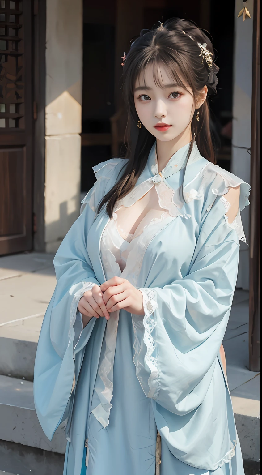 ulzzang-6500-v1.1,(raw photo:1.2), (photorealistic:1.4), Beautiful Meticulous Girl, very detailed eyes and faces, Beautiful detailed eyes, absurderes, unbelievable Ridiculous, hugefilesize, ultra - detailed, A high resolution, The is very detailed，best qualtiy，tmasterpiece，kemomimi，((Middle-aged women wear Hanfu，silkouette，Lace))，Wearing Chinese Hanfu，（（Cyan lace stockings））Lively posture，facing to audience，Charming，stunner，Large breasts，The is very detailed，Viewer's POV，CG，unified，8k 壁纸，Amazing Cleavage，finely detailled，tmasterpiece，best qualtiy，The is very detailed的 CG unified 8k 壁纸，light in face，cinmatic lighting, 1girl,（full body2.0），Raised sexy，cropped shoulders