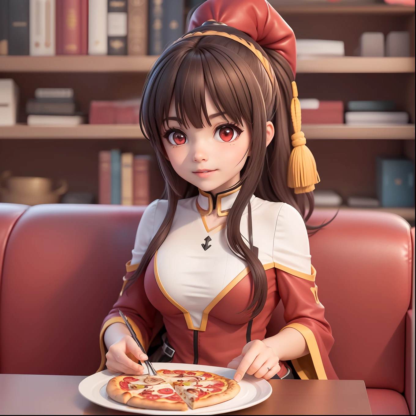 (obra-prima),(melhor qualidade),(Garota nua ultra-detalhado), (corpo inteiro: 1.2), 1girl(Megumin_Konosuba), Chibi,Pescador, sorrir, corte de cabelo curto castanho, red eyes, brinco, camisa vermelha, saia vermelha, meias de renda, (sitting on the red couch), postura sedutora, sorrir, An elegant pizza table sits in front of the sofa and some decorative items are placed on the shelves, (rosto bonito e detalhado), (lindos olhos detalhados),
