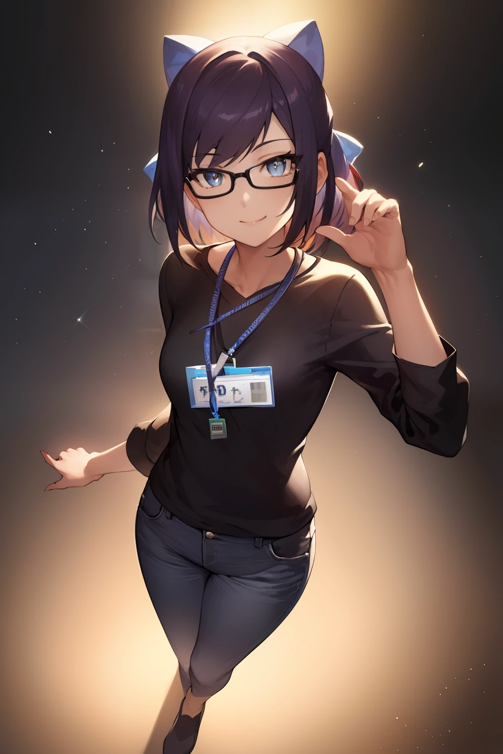 2d, masterpiece, best quality, anime, highly detailed face, highly detailed eyes, highly detailed background, perfect lighting, full body, 1girl, solo, a-chan, black shirt, logo, id card, jeans, smile,perfect hand,hdr