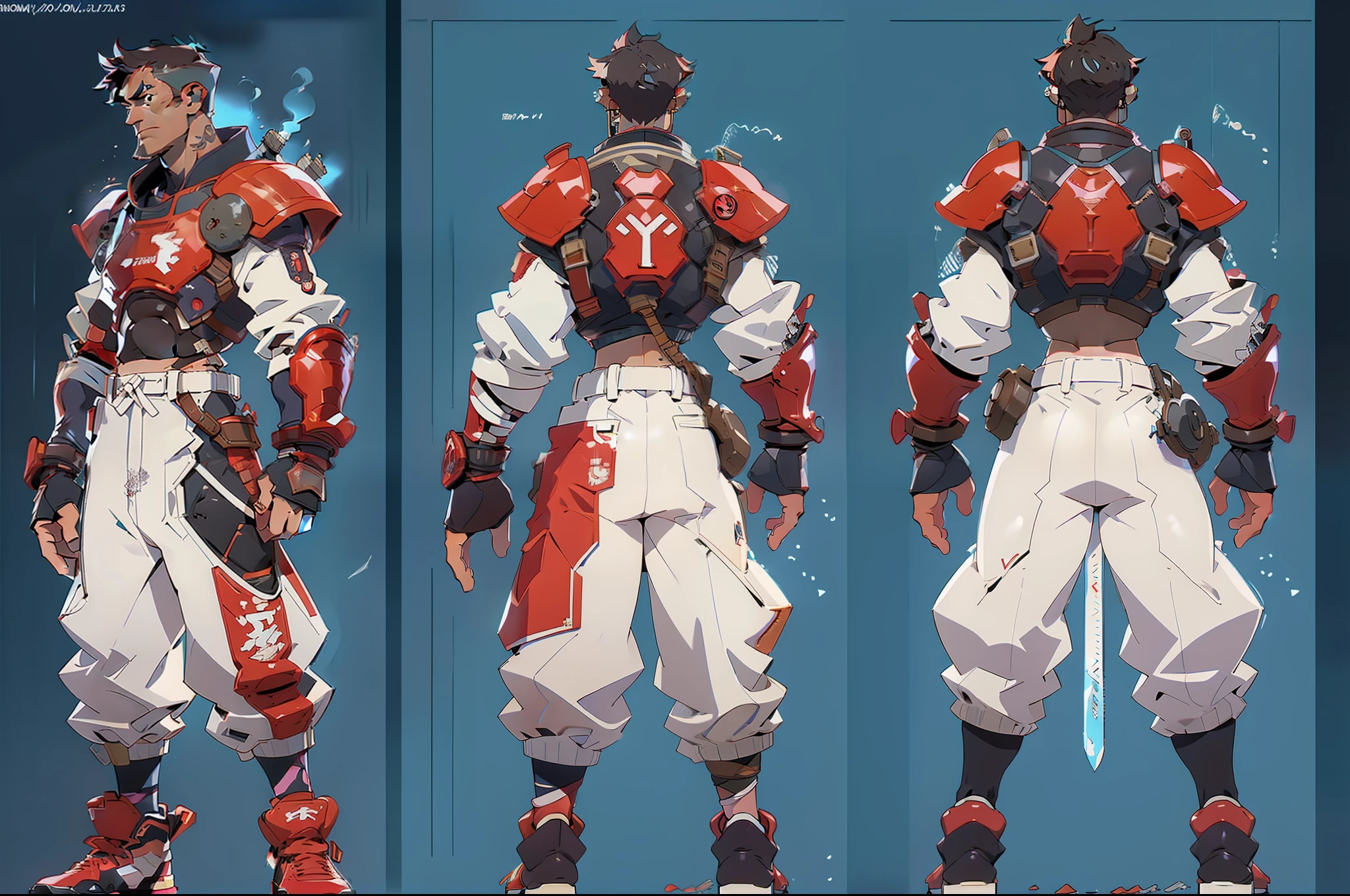 ((three sided view,full bodyesbian,Simple background,multiple views,A high resolution)),A middle-aged man,45 yers old,(warriors:1.2) ,Middle age,short detailed hair,Fierce expression,armour,Leather armor,The sword,((concept art of character)),((CharacterDesignSheet、Same role、frontage、Lateral face、on back)(simplebackground,white backgrounid:1.3)。