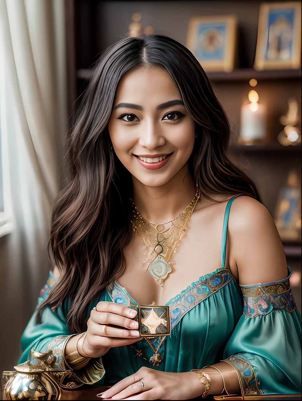 (masterpiece, high resolution, photorealistic: 1.4), (A mystic and magical charming Tarot reader woman, smiling, in a beautiful room full of Tarot themes objects:1.3). lots of cards on the table. (Sony Alpha a7R IV camera expertly accustomed at capturing this captivating moment: 1.2), (combined with a versatile Sony FE 24-70mm f/2.8 GM lens, ensuring every detail is captured beautifully: 1.2) magical  (Breath-taking photo of mesmerizing beauty displaying her stunning beauty: 1.2), intricately detailed bio-incandescent luminosity background