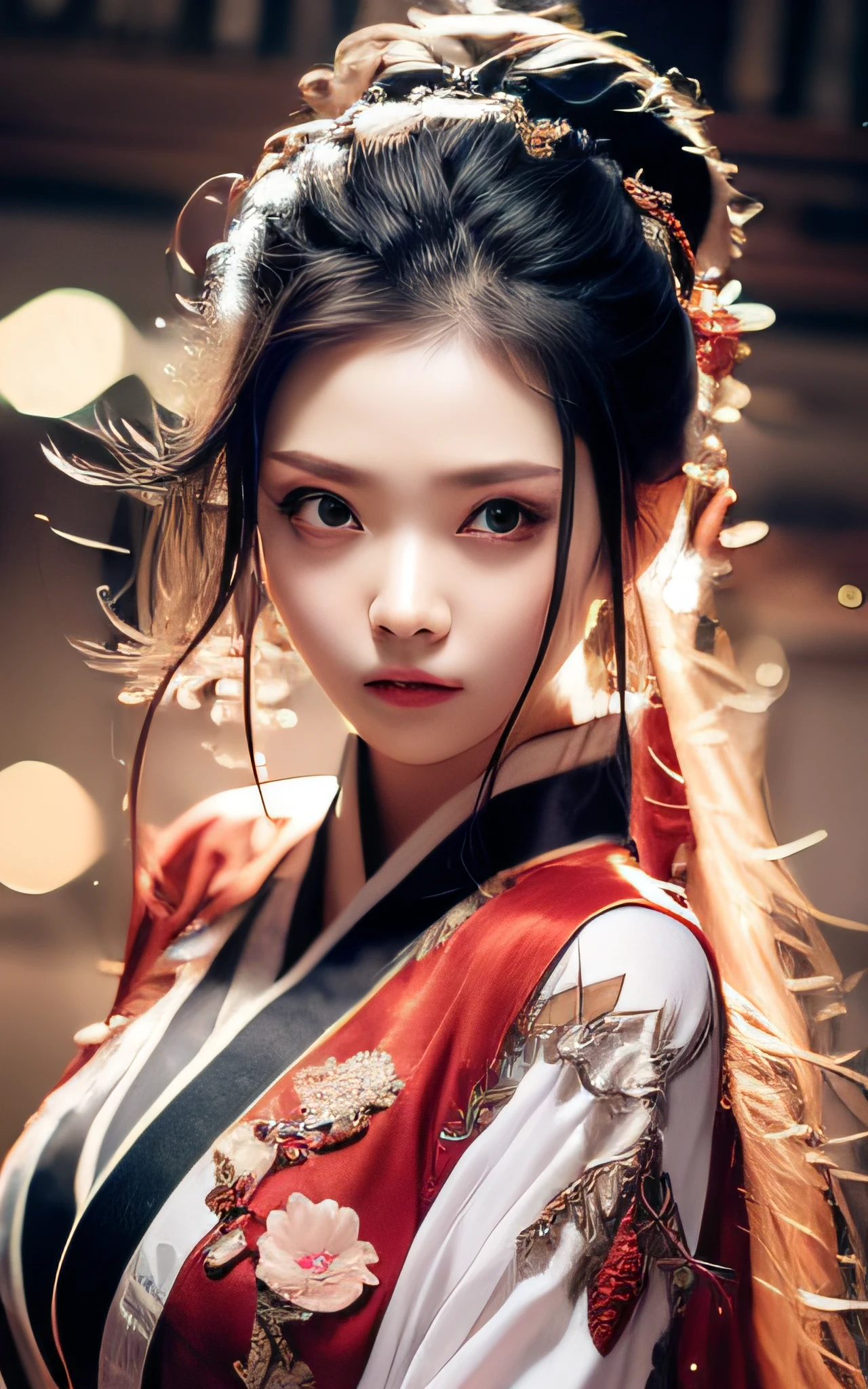 best qualityer, tmasterpiece, A high resolution, Wuxia 1girl, Be red in the face, (seduct smile:0.8), star-shaped bule pupils, Chinese Hanfu, hair adornments, choker necklace, jewely, beautiful face, upon_body, Tyndall effect, realisticlying, dark studio, edge lit, twotonelighting, (highdetailskin:1.2), 8K UHD, digital SLR camera, gentle illumination, high high quality, Volumetriclighting, Frankness, photore, A high resolution, 4k, bokeh