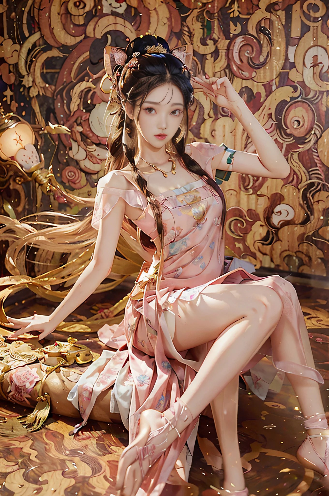 (Hyper-realistic), (illustratio), (A high resolution), (32K), (extremely higly detailed), (Most Best Illustration), (美丽细致的眼睛), (best qualtiy), (ultra - detailed), (tmasterpiece), ( the wallpaper), (Detailed and delicate face), 独奏，peeing self，Pee on the legs，Surrounded by other people，Highly Detailed Face and Skin Textur，Detailed eyes，二重まぶた，Hairpins twist woven balls，Wear large-rimmed glasses，Dressed in pink tulip fairy, Sweet and pure lace print embroidery sheer，Wearing cat ears，spreads her legs apart，Nervously bow your head，is shy，Embarrassing provocation and shock，Stand with your legs spread，Props with hunger and thirst，On the floor of a dry women's toilet，A small puddle of her own urine formed around her feet， Very eager to pee， urinating， Wet yourself， Urine discharge， streaming tears， dreads， be desperate， panicking， high detal，October pregnant pot-bellied ballet，Wear ballet shoes,(dynamicposes)，1 rapariga, Play the lute on the toilet in the bathroom，White wavy hair, korean people, heterochromatic eyes, small mole under eyes, ((aprons)), Bigchest, Long legs, Tightens abs，Wear gold and silver jewelry，Wearing a funny jumping egg，(Camel toes)，(stocklings)，(pantyless)，(No bra)，