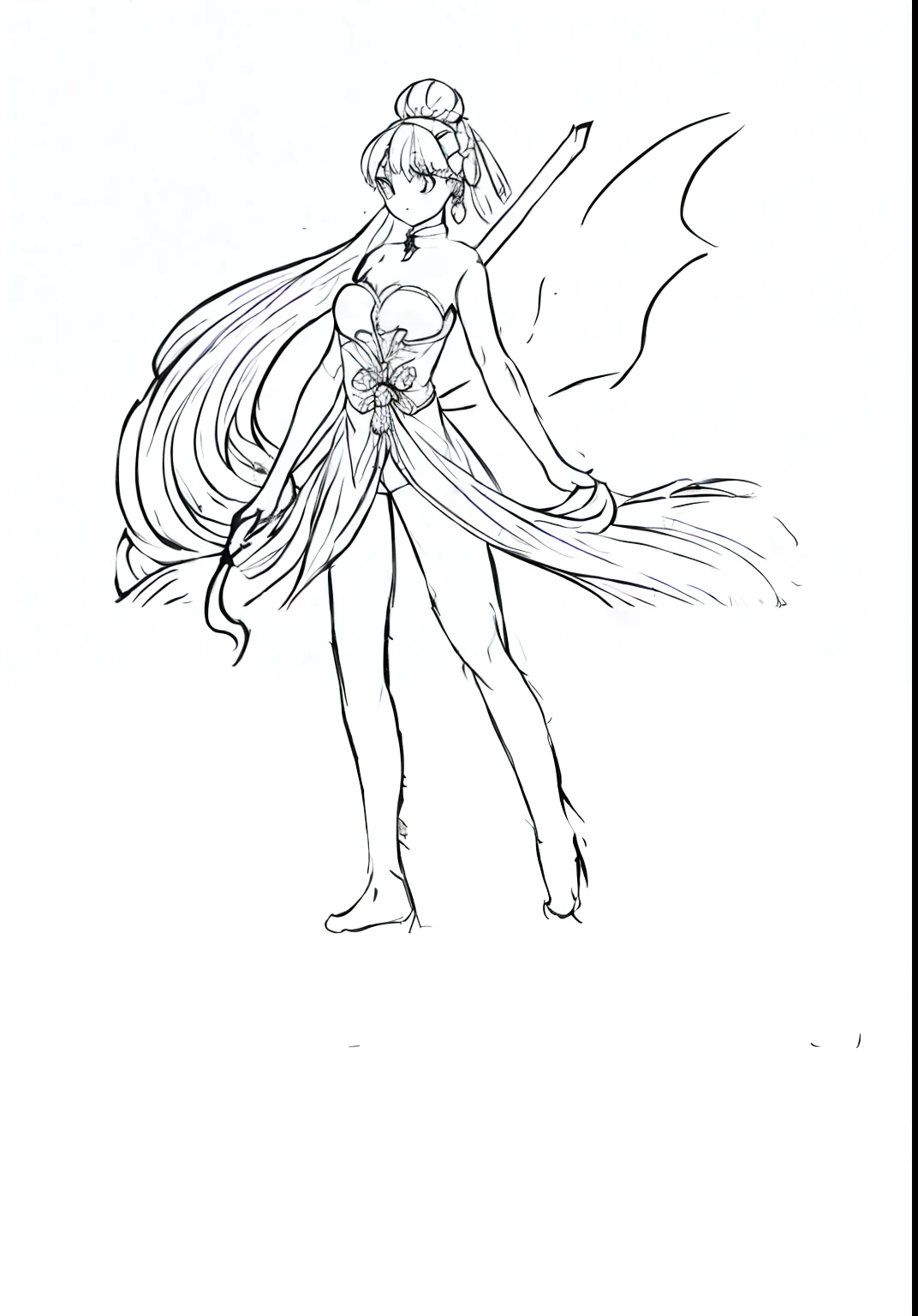 faeries,Wearing Chinese costumes,Line drawing style,Black and white pen drawing,The images are refined and simple。She is handsome and dashing,Strike a dynamic pose,Sword in hand。The body is slender and delicate,Has a small man's waist、Beautiful legs and full breasts。She wears beautiful flowers on her head,Barefoot。