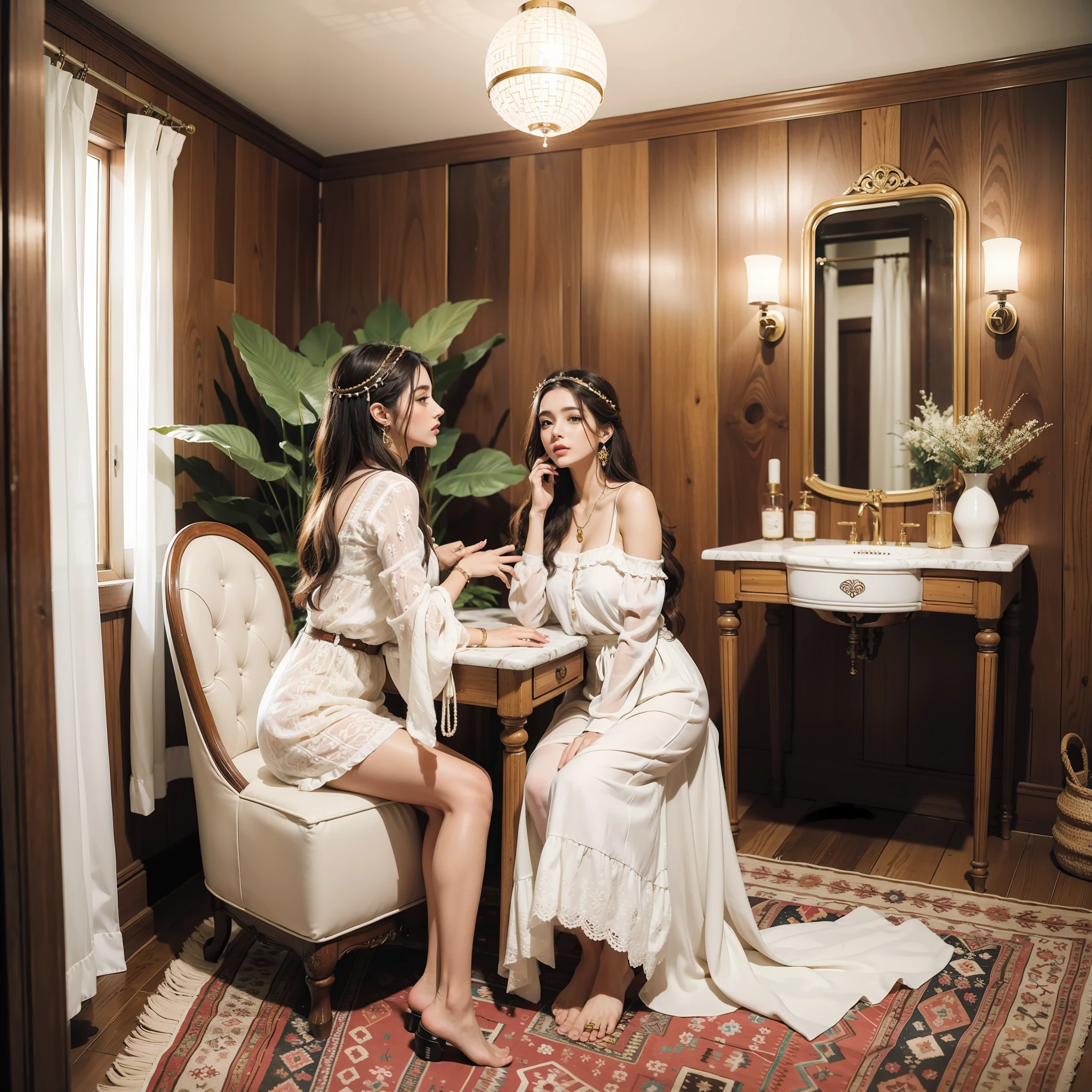 Estilo boho-chic. Una hermosa mujer ayuda a su hermosa hermana a maquillarse. They are in a room with a stunning vintage style vanity. Son mujeres que se visten de una manera moderna muy atractiva.. 2023.