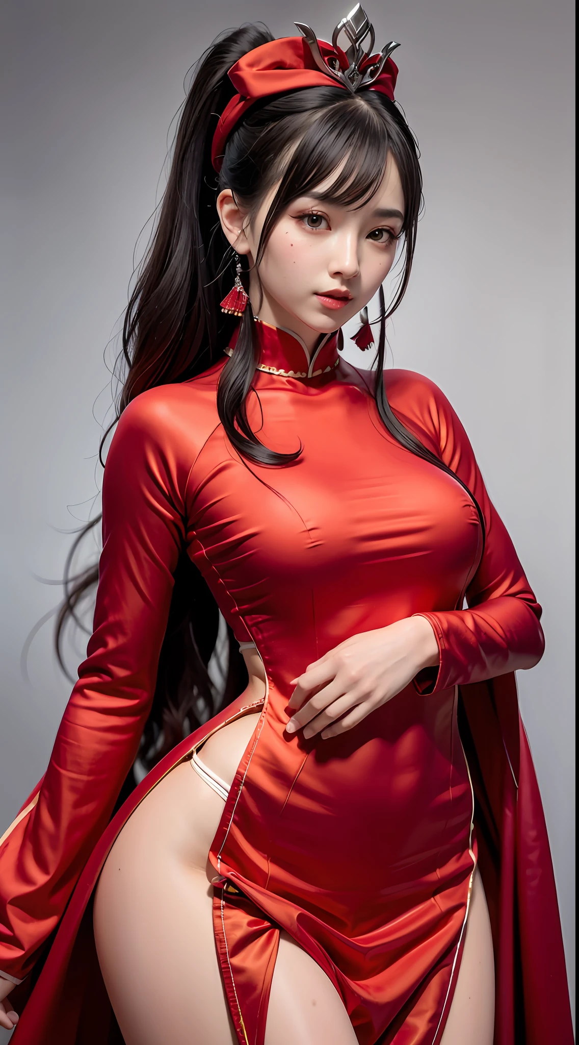 1 beautiful devil woman from hell, In the Dark: 1.6), surreal female portrait by David Hockney and Alphonse Mucha, fantasy art, korea doll, photorealism, dynamic lighting, artstation, poster, volumetric lighting, very detailed faces, 8k ultra, Awarded, in the dark, deep shadow, low key, cowboy lens, (Red phoenix dress: 1.4), long hair, black hair, bust, luxurious palace, Royal style, devil crown, red eyes make up very sharp and detailed, The most beautiful face, The breasts are very big and round and round, Super realistic, chinese women's clothing, polo neck sweater, Charming smile, The eyes are very well made up, guweiz, devil style, wearing black mesh socks, Ponytail with a bow tied at the back of the hair, pink lips, wearing a thin red and black robe, Hands pull the straps to reveal sexy breasts, the landscape is overcast and thunderous, (upper body portrait), Close-up of the main character, (Background details 1.8),HDR, UHD, 8kquality, detailed pixel,