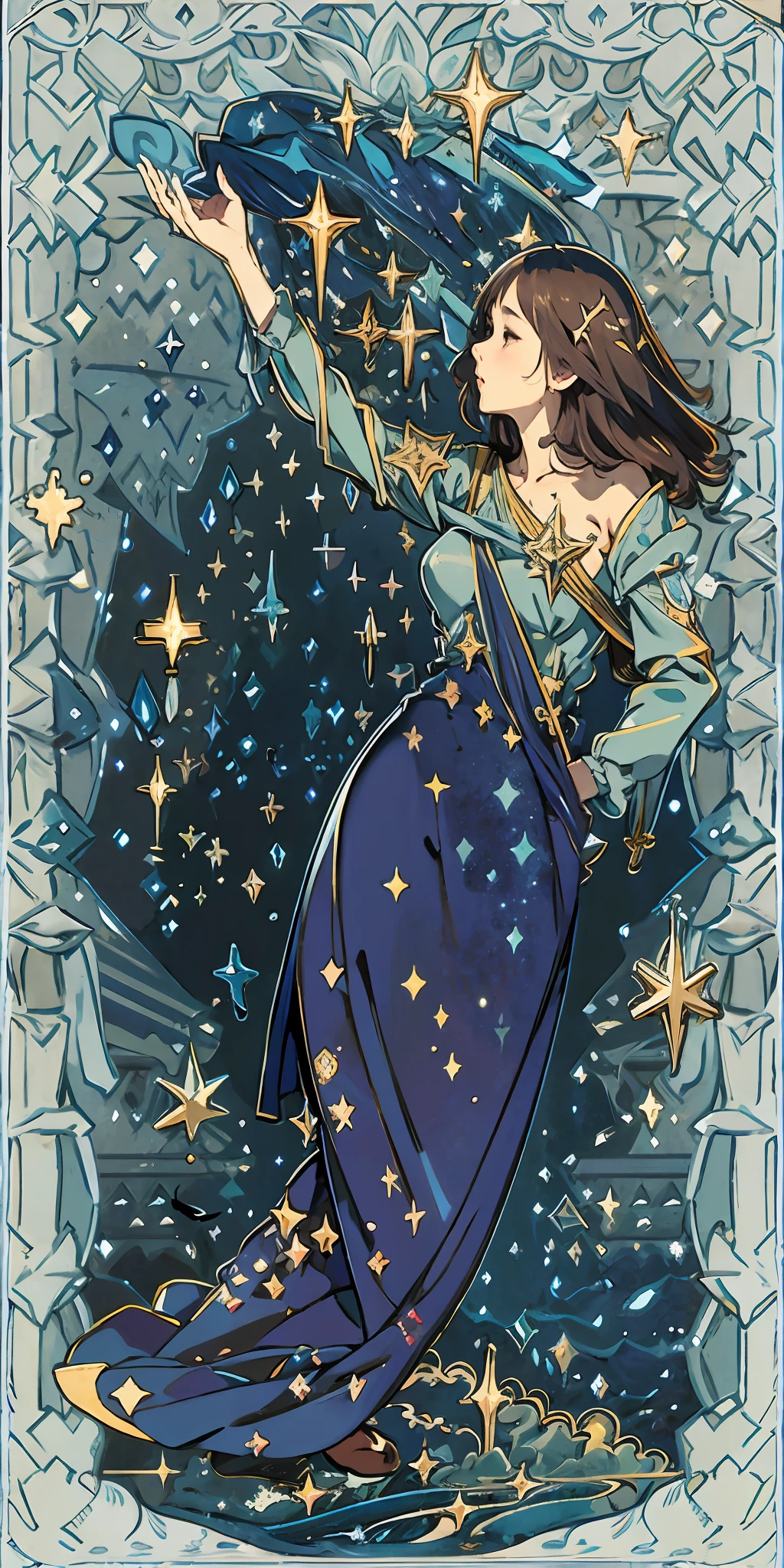 Beautiful woman in the starry sky, fingers touching the stars, delicate tarot border.