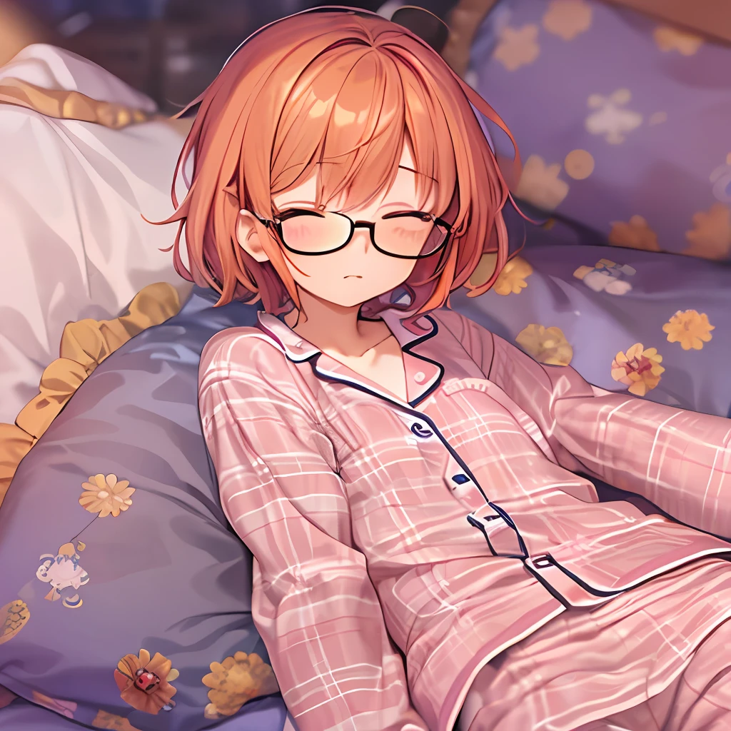 Best Quality, masterpiece, 1girl in, Solo, black-framed eyewear, pink orange hair, Brown eyes, Short bob hair, Flat_Chest, pajamas, laying down on the bed, Sleeping, Closed eyes, (Night:1.5),