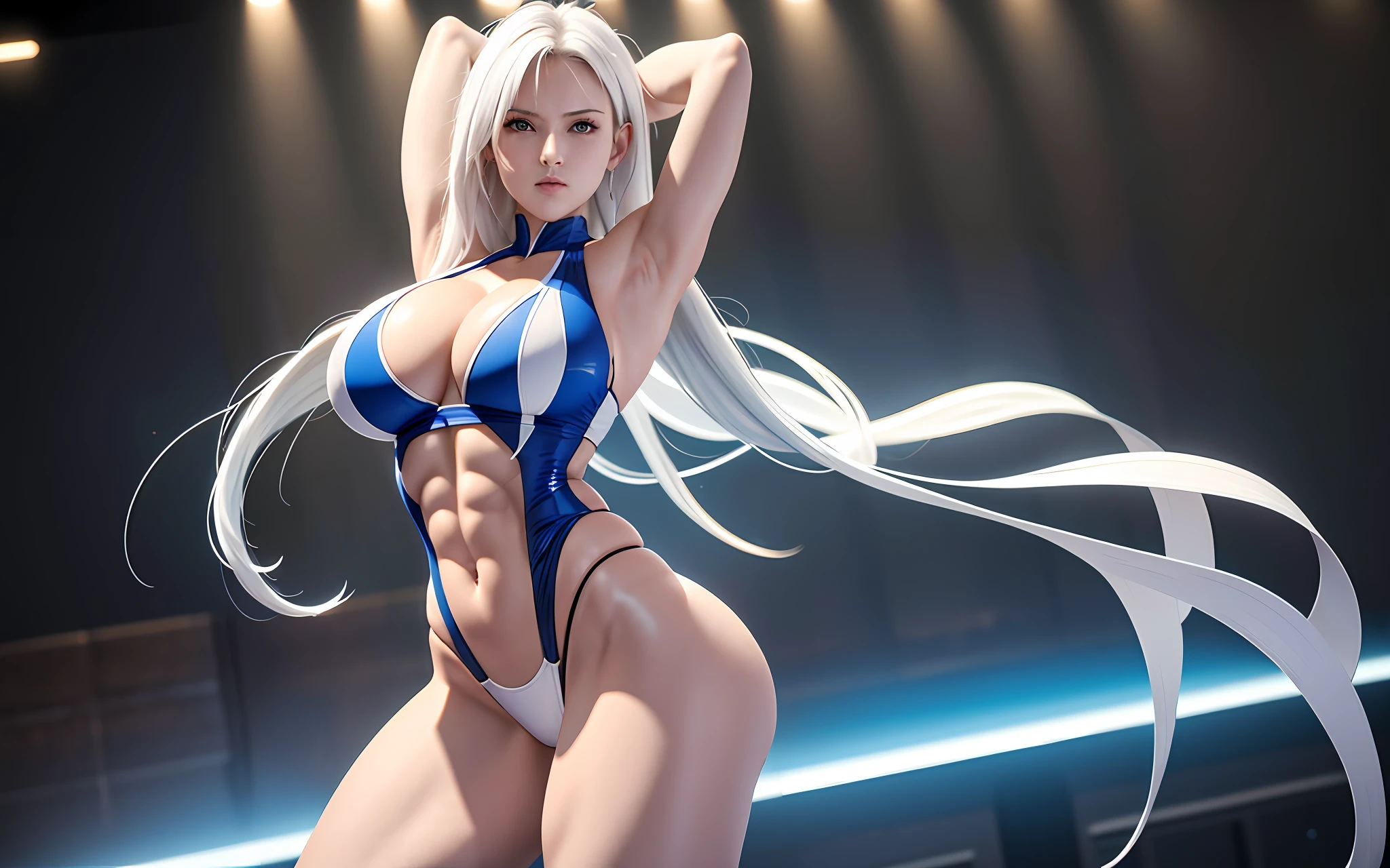 (tmasterpiece), (best qualtiy), 8K分辨率, ultra - detailed, photorealestic, photore, femele, with short white hair,Eight-pack abs,Expose abs,with a well-proportioned body,Toned arms,3DMM style,White super sexy super high fork super deep V three-point one-piece swimsuit,The thighs and body are in the picture,Body facing the camera,arms stretched wide,She has huge, full breasts,Incredibly large and firm breasts,Double