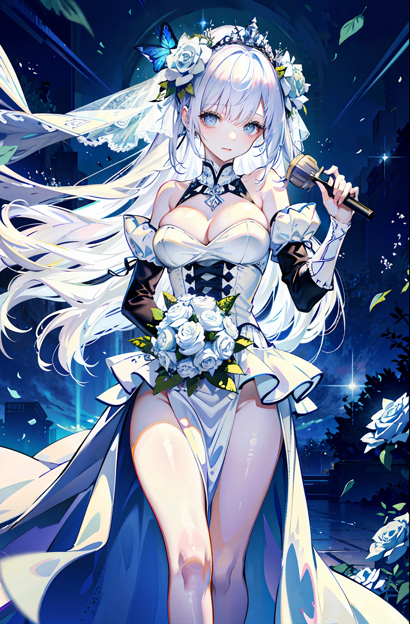 silber hair，butterflys，long whitr hair，white wedding gown，8k wallpaper，detailedbackground，Highest high resolution，deep v big breasts，Hair covers one eye，Bandeau wedding dress，chies，White rose，tight-fitting，chies，In the daytime，