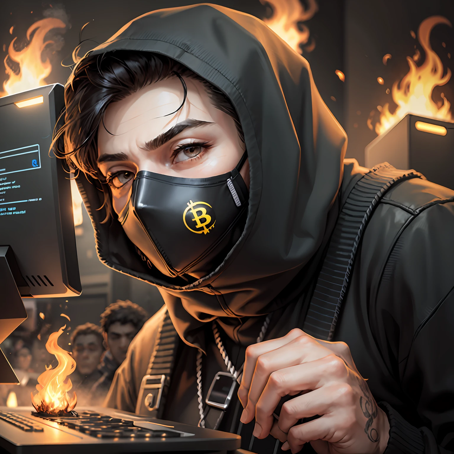 hacker face with a mask on his face dressed in black in the frenzy of the compudador and behind him a lighting of fire , Bitcoin symbol