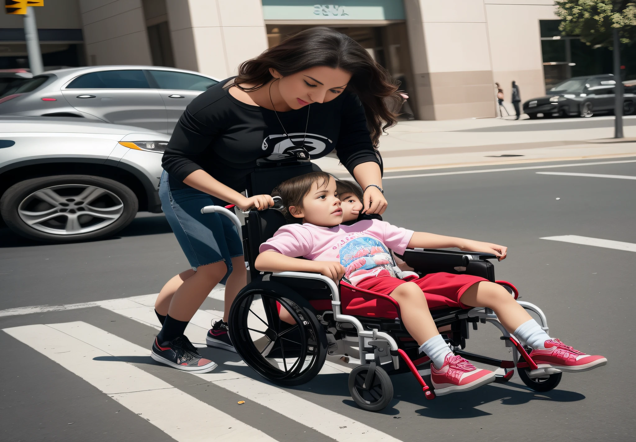 Woman pushing child in wheelchair across the street, in wheelchair, kiddy big breasts, forward facing, Have on the street, Shot on Sony A 7 III, author:Christofov Zhefarovich, author:Matt Kavota, with a child, author:Jacob Galmain, street life, author:Michael Goldberg, author:Daniel Geron, california;