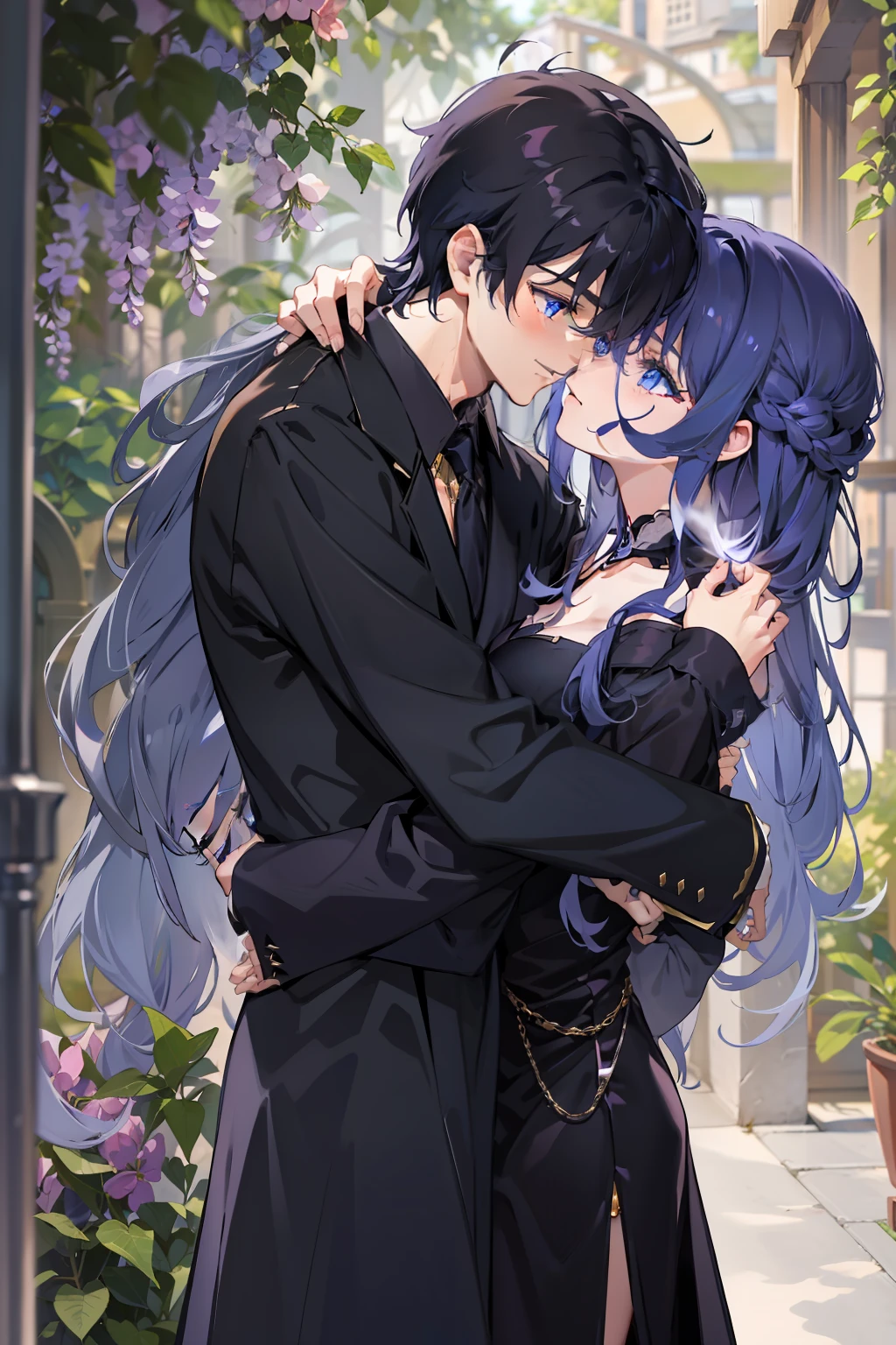 1 teenager，sharp looking blue eyes，Sharp pupils，Dark, sharp hair，He wears a black robe，Intimate hug with blue-haired wife，beast ear