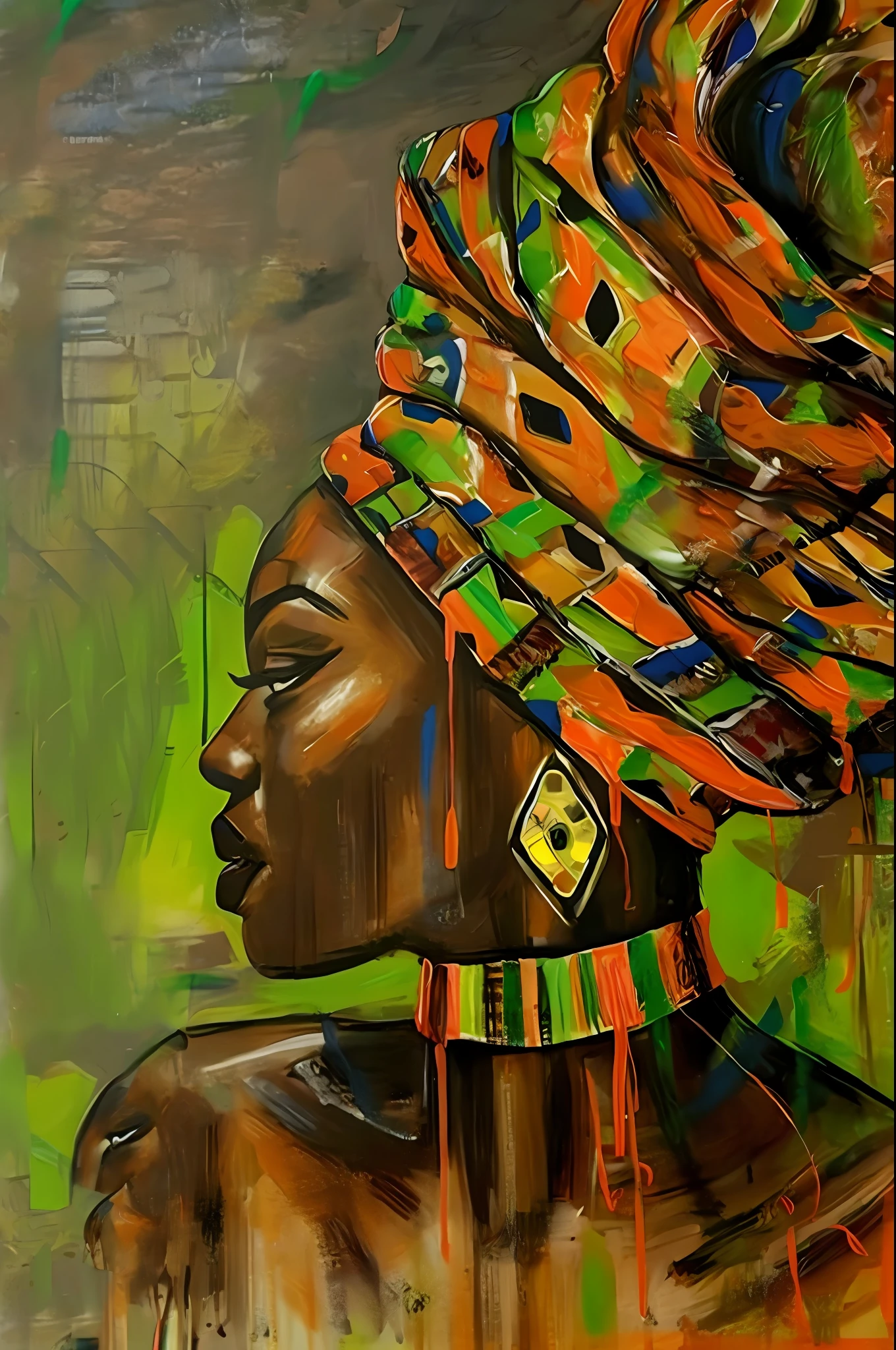 pintura de uma mulher com um cocar colorido e um fundo verde, Rainha Africanoa, mulher Africanoa, Artes Africanas, beautiful artwork, arte bonita, Africano, magia negra, Princesa Africana, Beautiful, Princesa negra Africanoa, mulher negra, beleza tradicional, Directed by: Chinwe Chukwuogo-Roy, extremamente bonito, mulher linda, obras de arte impressionantes, mulher afro-americana, uma mulher bonita