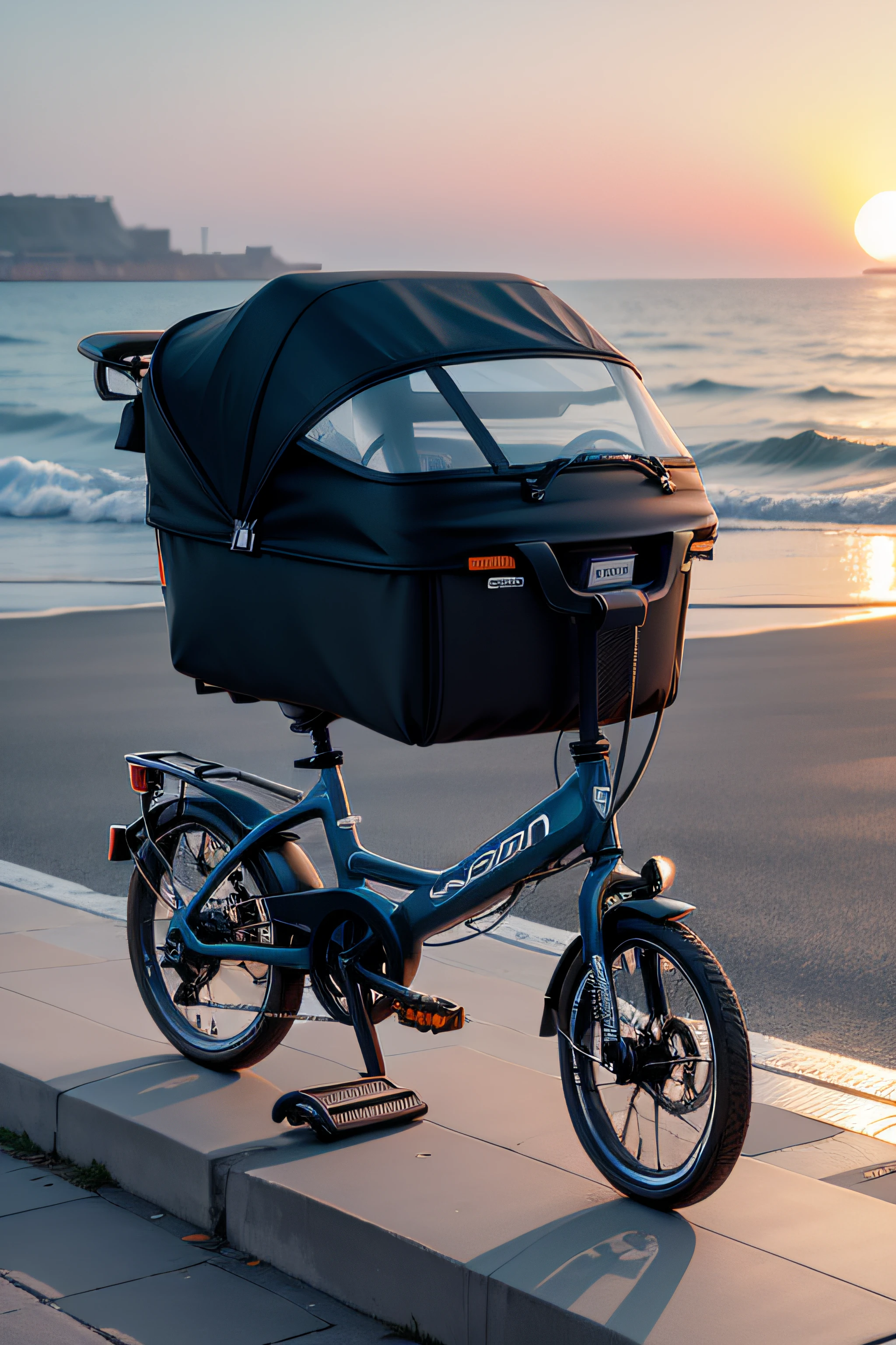 DAHON folding car P8,black in color，The seaside at sunrise is in the background，There is Asaka，There are sailboats at sea