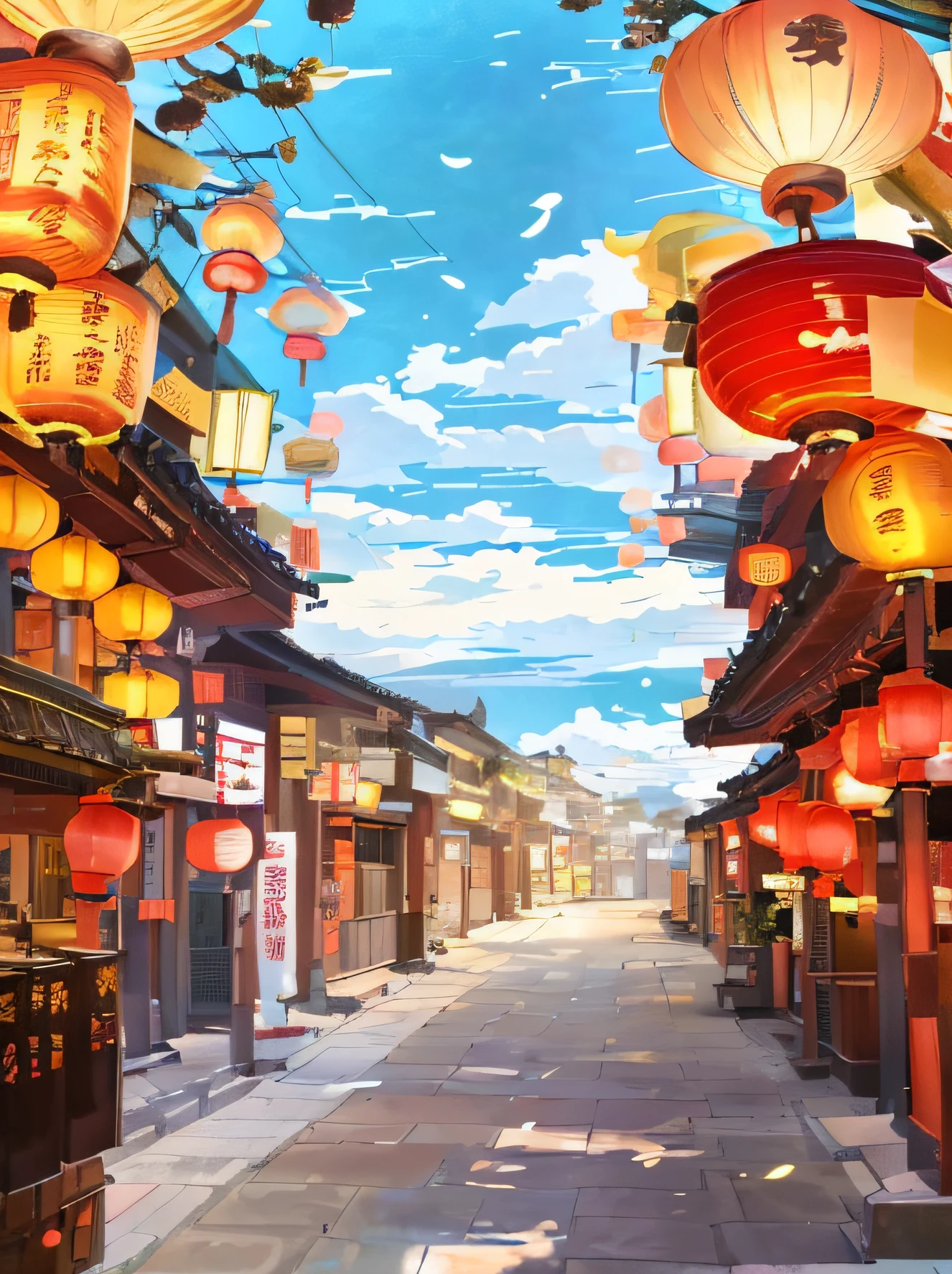 There are many lanterns hanging from the ceiling of the street, dreamy Chinese towns, street japan, Anime background art, colorful anime movie background, Anime art wallpaper 8 K, Amazing wallpapers, street lanterns are shining, Chinese watercolor style, street lanterns glow, the street lights, colorful kitsune city, ancient city streets behind her, A beautiful artwork illustration, anime backgrounds
