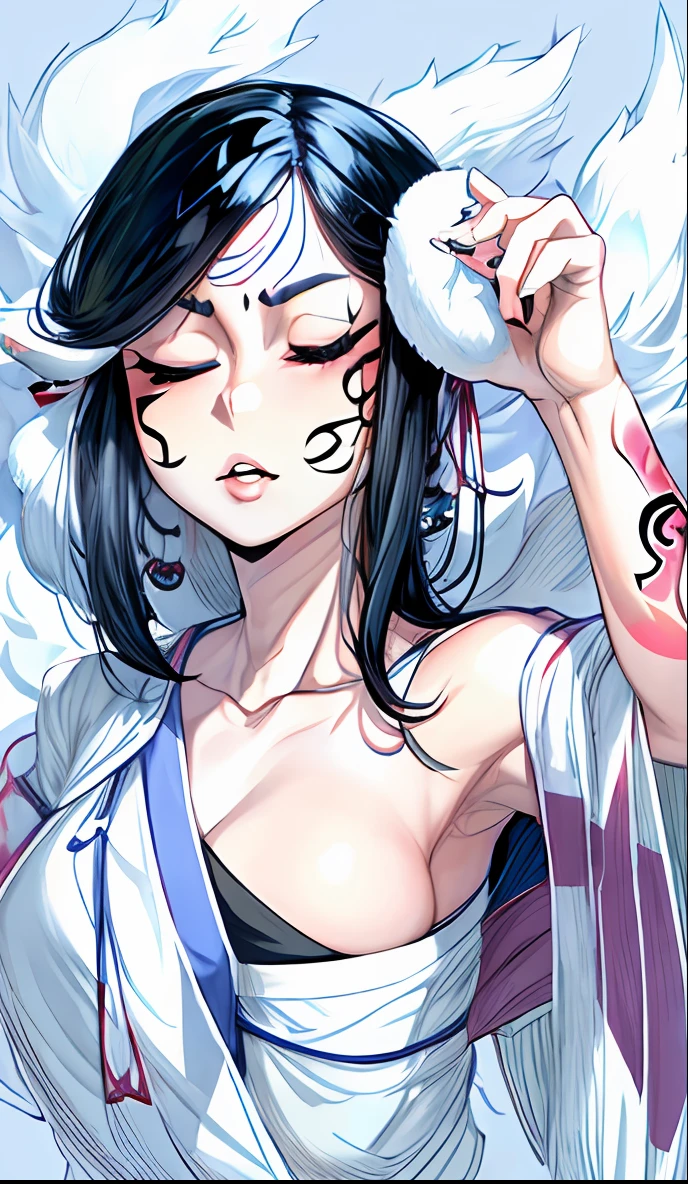 kitsune, eyes closed, full lips, black hair, facial tattoos