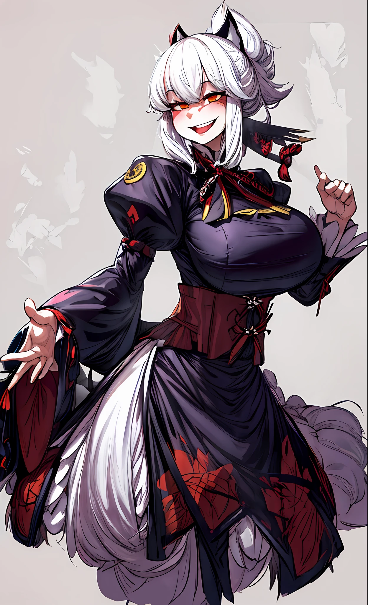 kitsune, ****ta dress, huge breasts, smiling, white hair