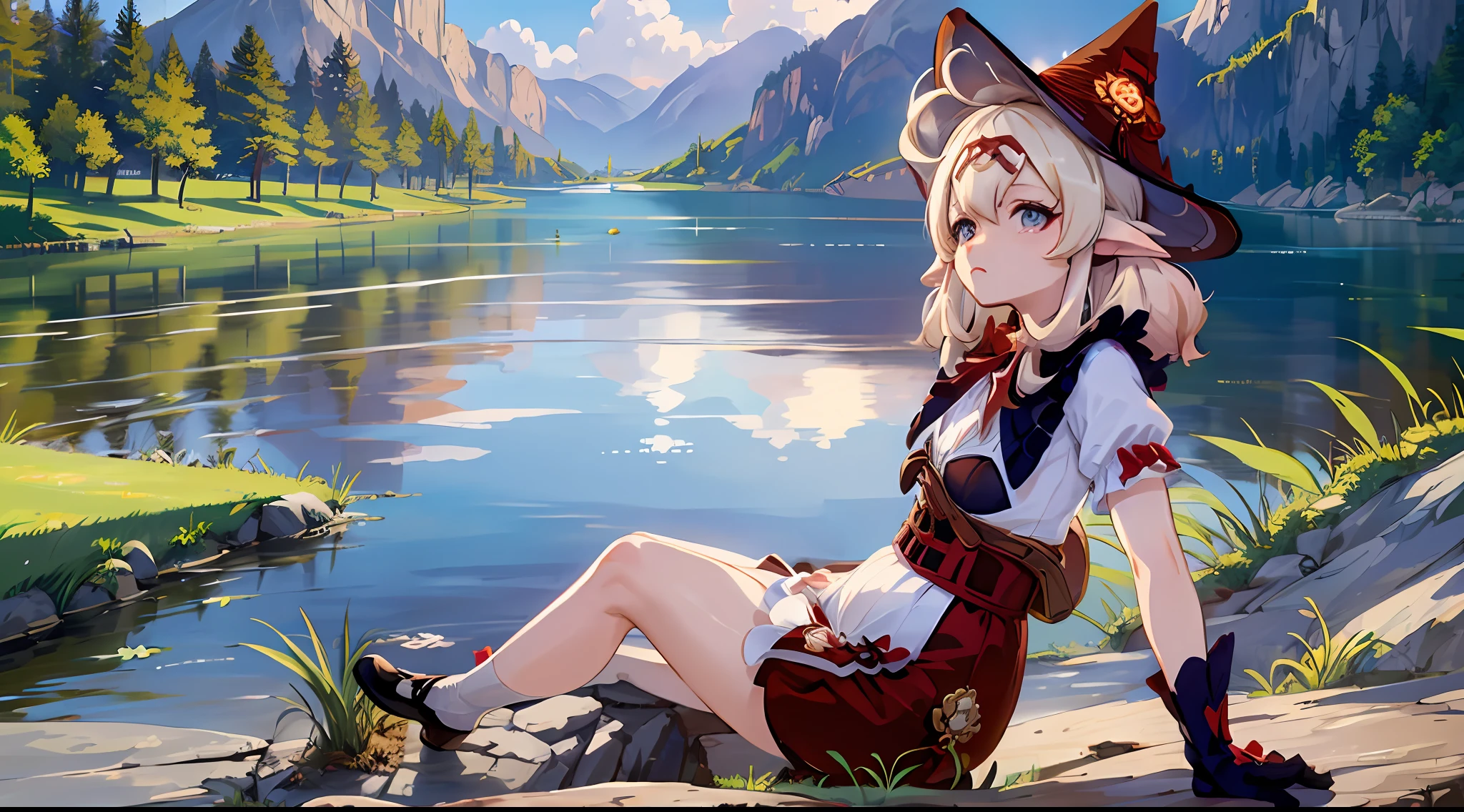 Klee \(genshin impact\), Iwhole body, (NSTDA.:1.2), (10, beste-Qualit, master-piece: 1.4), ultra-high resolution, (lifelike, photorealistic portrait: 1.48), 20 age, Cute Girl, (Look neatly through the bikini:1.11), Famous Japanese actors, Beautiful breasts, Blue Eyes, Head tilt, cowboy shot, from the side, looking at the audience, expressionless, Beautiful lake, Zeiss 150mm F/ 2.8 Hasselblad, Whole body, foot, Ultra-Wide Angle