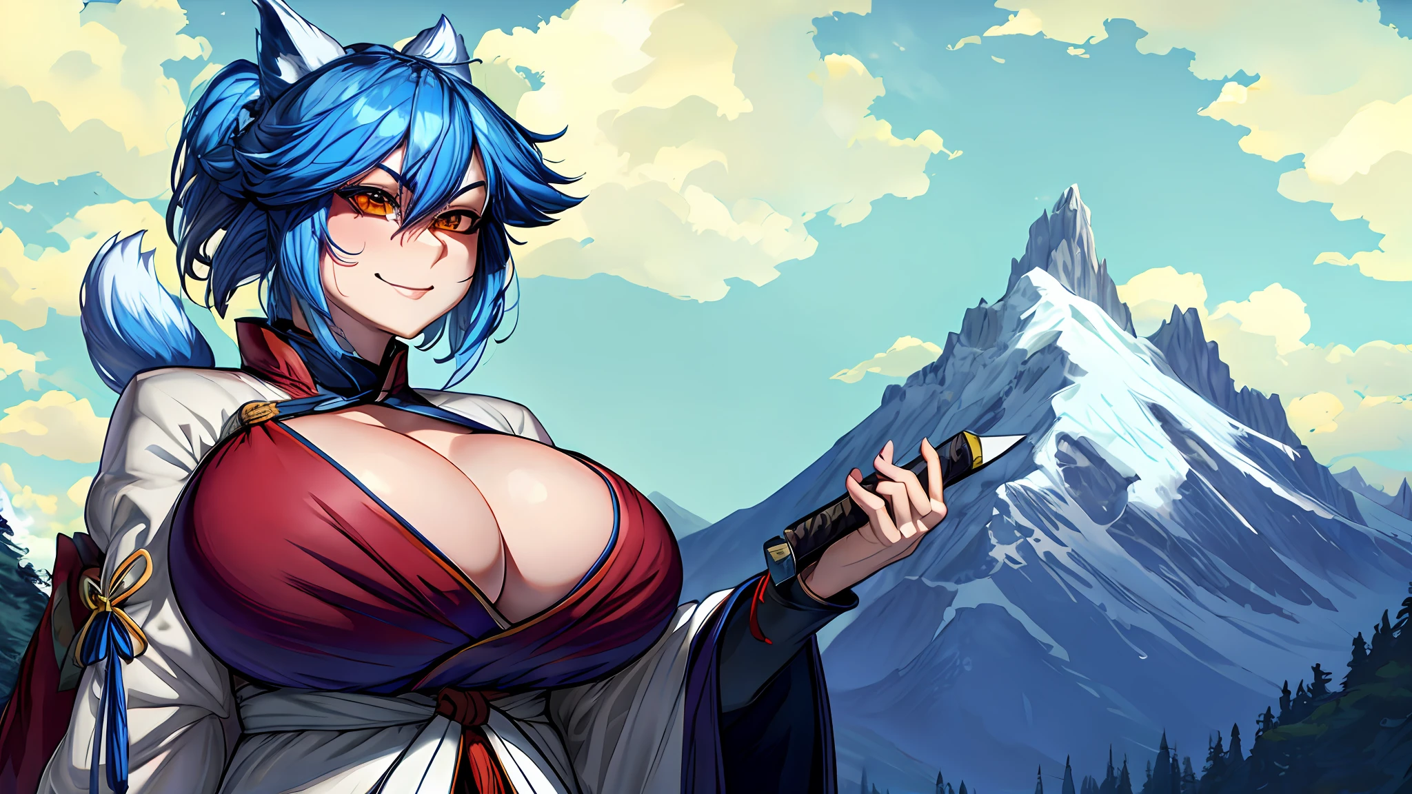 kitsune, mountain background, huge breasts, katana, smirk, blue hair