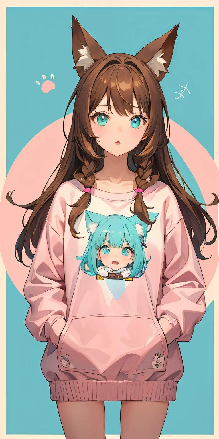 1girl,brown hair,Cyan eyes,dog ears,Nice,Pink,Large sweatshirt