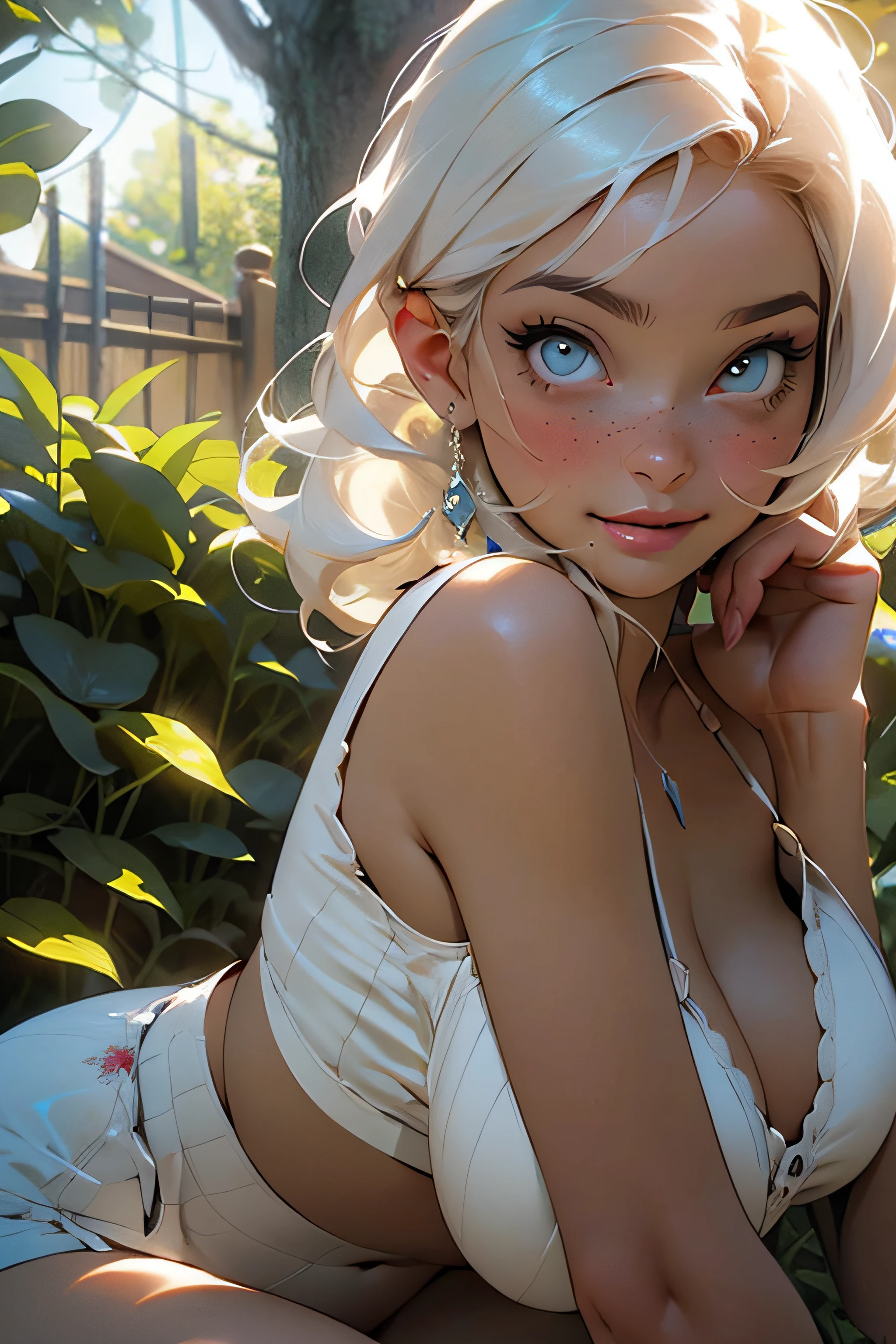 melancholy lighting, Quiet and calm brightness, masterpiece, top-quality, 1girl in, (JinxLol:1.2), (Ultra-realistic:1.3), (masterpiece:1.4), top-quality, ((realisitic)), hightquality,(((Ridiculously large breasts)))、(Ridiculously huge breasts:1.5)、((huge udder))、 ultra-detailliert, ((real image)), ((real looking skin)), ((lifelike face)), (illustratio:1.05), (Beautiful fece:1.05), (beatiful detailed eyes:1.05), (Movie Light:1.1), full bodyesbian, Precise proportions, 18 year old girl, skinny model lying on the grass, Surrounding garden, tree shadow, Hair that flutters in the wind、tulle、long legged、feet slightly open、s ass、red blush、full of shyness、鎖骨、hason、Double weave、beautiful and delicate face、fair white skin、authentic skin、(Details of face)、pores、超A high resolution、8k、parameters Best quality、masterpiece、超A high resolution、(Real 2.0)、 detaileds、Detailed skin、witheout panties、Wide smile、White teeth、voluminous hair、perfect and well designed eyes、 girlfriend、Beautiful fece、Beautiful fece、florals、Studio Lighting
