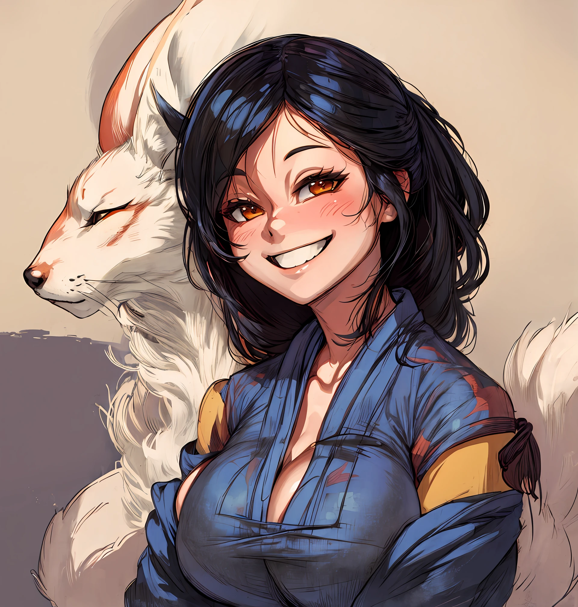 kitsune, huge breasts, smiling