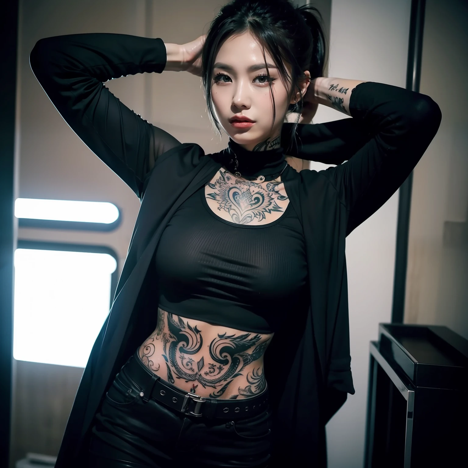 Black clothes tattoo of female muscles bare shoulders