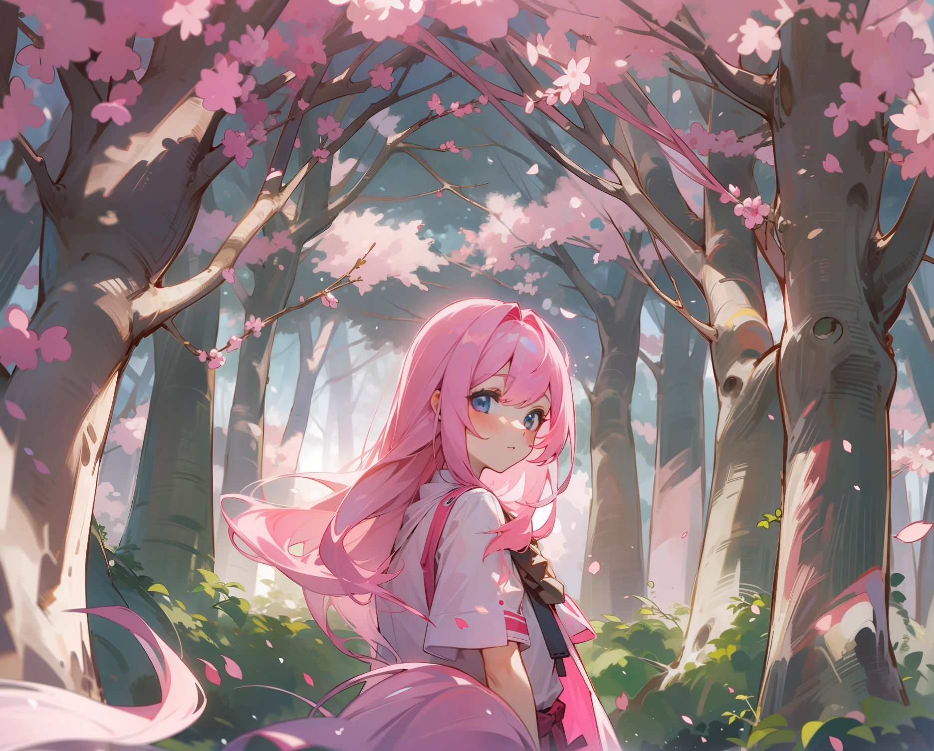 ((Best quality)), (8K), 1girl, pink hair, forest, cherry tree, regular trees