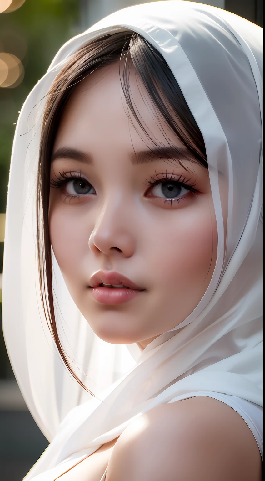 a close up of a vietnam woman with white hijab gorgeous attractive face, attractive female face!!!, very very very beautiful face, attractive beautiful face, extremely beautiful face, very beautiful face, beautiful eyes and face, perfect face and eyes, feminine beautiful face, perfect face , gorgeous face, beautiful face!!, beautiful shape of face and body, beautiful delicate face, skin texture, mole, brown eyes, cinematic lighting