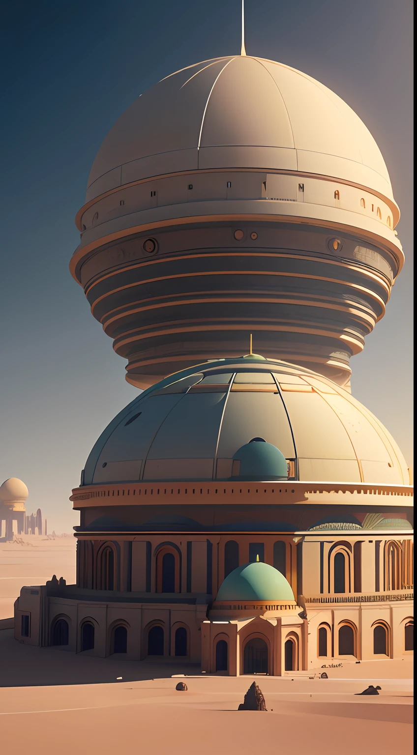 a building with a large dome on the top, martian architecture, in a futuristic desert palace, in style of beeple, beeple and mike winkelmann, beeple |, beeple daily art, beeple style, beeple rendering, realism | beeple, 3 d render beeple