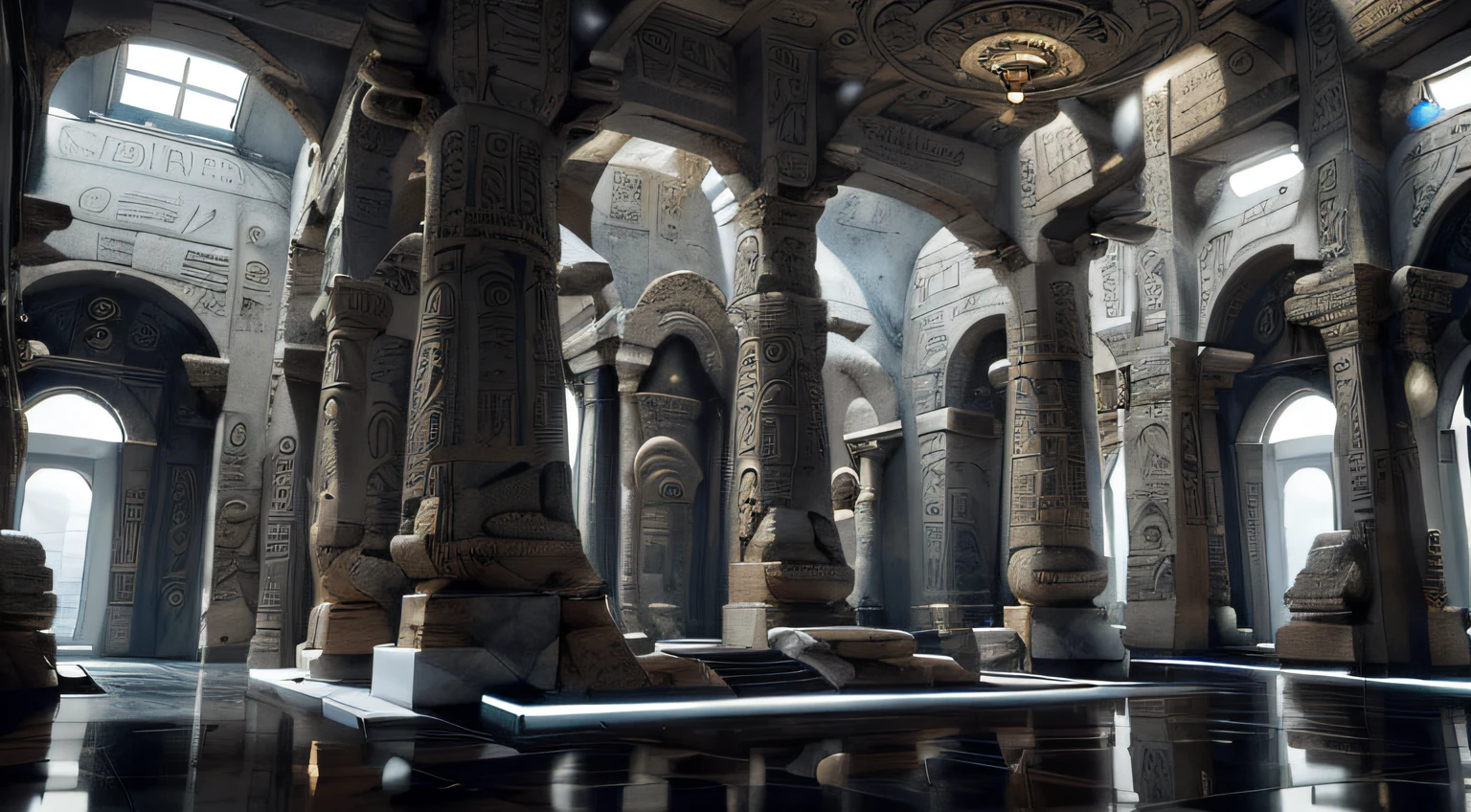 incredible white luxurious futuristic interior in Ancient Egyptian style with lotus flowers, palm trees, hieroglyphics, rocky walls, sand, marble, precious minerals, metals, gemstones, crystals, clouds and water, crocodiles, ultra luxury, black marble – with beautiful lights, Unreal Engine, HQ, 16k