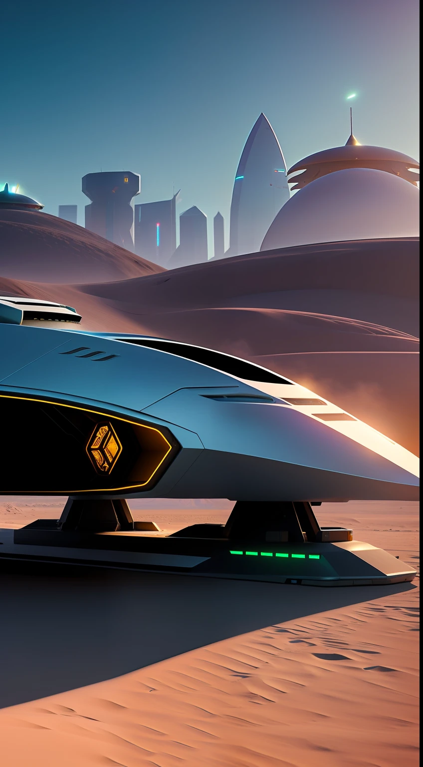 Fantasy art, The long cyberpunk starship landed in the desert, Photorealistic, full resolution, insane detailed, Professional photo