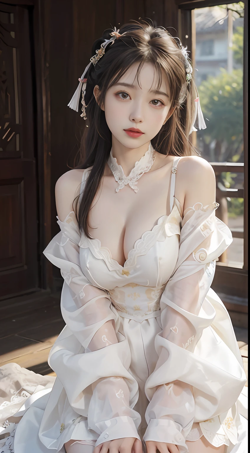 ulzang-6500-v1.1,(RAW photo:1.2), (Photorealistic:1.4), Beautiful Meticulous Girl, very detailed eyes and faces, Beautiful detailed eyes, absurderes, unbelievable Ridiculous, hugefilesize, ultra - detailed, A high resolution, The is very detailed,best qualtiy,tmasterpiece,((The girl wears Hanfu,silkouette,Lace)),Wearing Chinese Hanfu,Background Ancient Palace,Ancient buildings,Ancient House,((White stockings with lace))Lively posture,facing to audience,Charming,Stunner,Bigchest,low chest,cleavage,The is very detailed,Viewer's POV,CG,unified,8k 壁纸,Amazing Cleavage,finely detailled,tmasterpiece,best qualtiy,The is very detailed的 CG unified 8k 壁纸,light in face,cinmatic lighting, 1girll,(full body2.0),Raised sexy,cropped shoulders,(jiayi:1.5), closeup cleavage, tmasterpiece, best qualtiy, RAW photogr, realisticlying, the face, Incredibly Ridiculous res, depth of fields, A high resolution, ultra - detailed, finedetail, The is very detailed, Extremely detailed eyes and face, Sharp pupils, realistic pupil, tack sharp focus, cinmatic lighting
