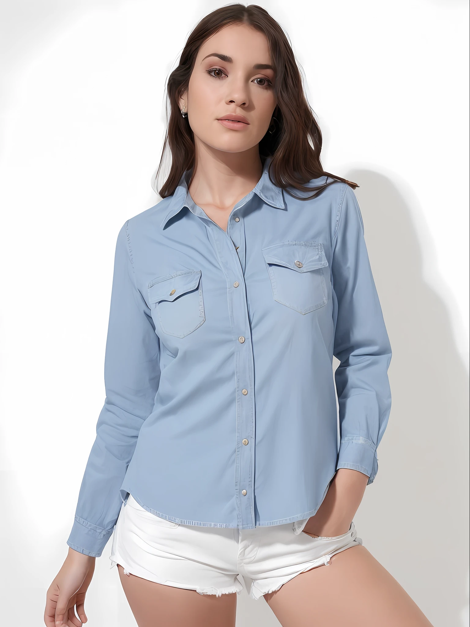 uma mulher de camisa cinza e bermuda posando para uma foto, vestindo uma camisa e uma shorts jeans, jeans no shorts, button up shirt, camisa cinza, vestindo uma camisa escura e shorts jeans, button - up shirt, com dois bolsos frontais, usando shorts jeans, vestindo uma camisa azul clara, usando jeans no shorts, camisa de gola, camisa, shorts jeans azul. irreal 5