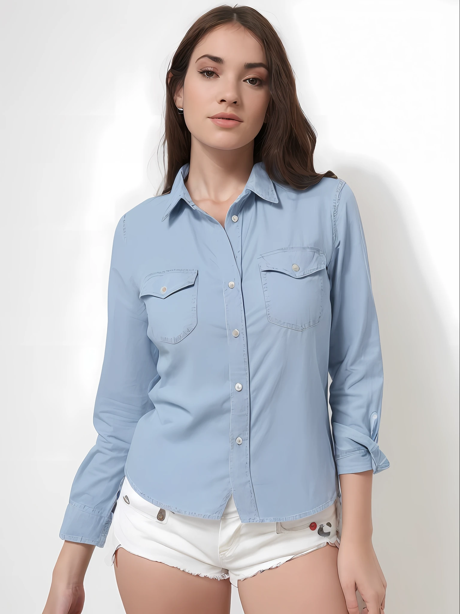 uma mulher de camisa cinza e bermuda posando para uma foto, vestindo uma camisa e uma shorts jeans, jeans no shorts, button up shirt, camisa cinza, vestindo uma camisa escura e shorts jeans, button - up shirt, com dois bolsos frontais, usando shorts jeans, vestindo uma camisa azul clara, usando jeans no shorts, camisa de gola, camisa, shorts jeans azul. irreal 5