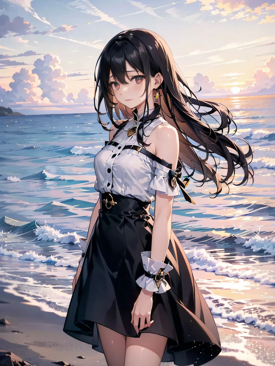 ，masterpiece, best quality，8k, ultra highres，Late afternoon，The seaside is cloudy，The afterglow shines on the sparkling sea。A young woman stands quietly on the beach，She gazed at the distant horizon，There was deep sadness in his eyes。The wind ruffled her long hair，Flick across her cheek，It was as if the sea was telling her inner story。